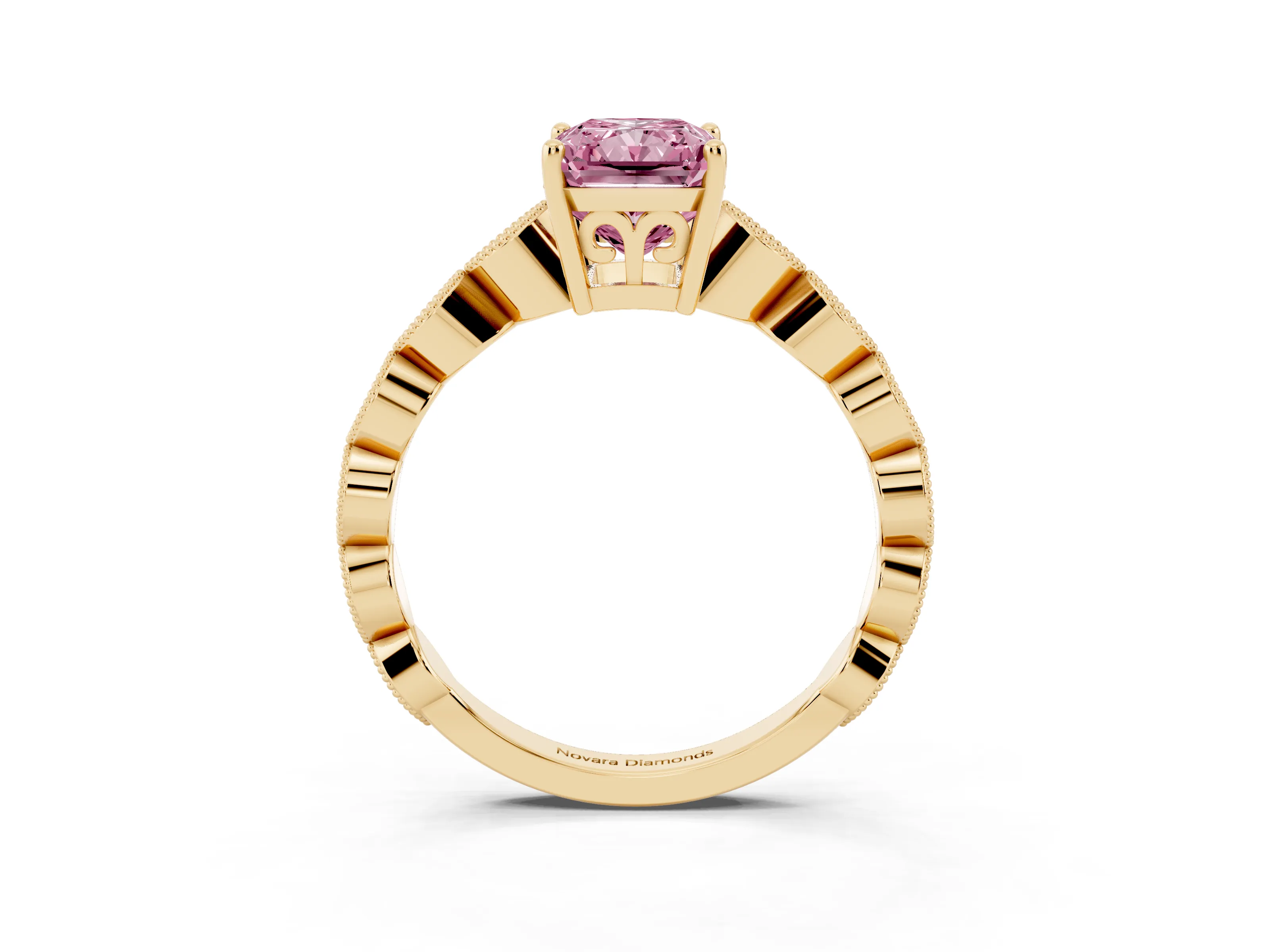 Fancy Pink Radiant Cut Diamond Solitaire Ring Set in Yellow gold with Infinity Twist Pavé Band