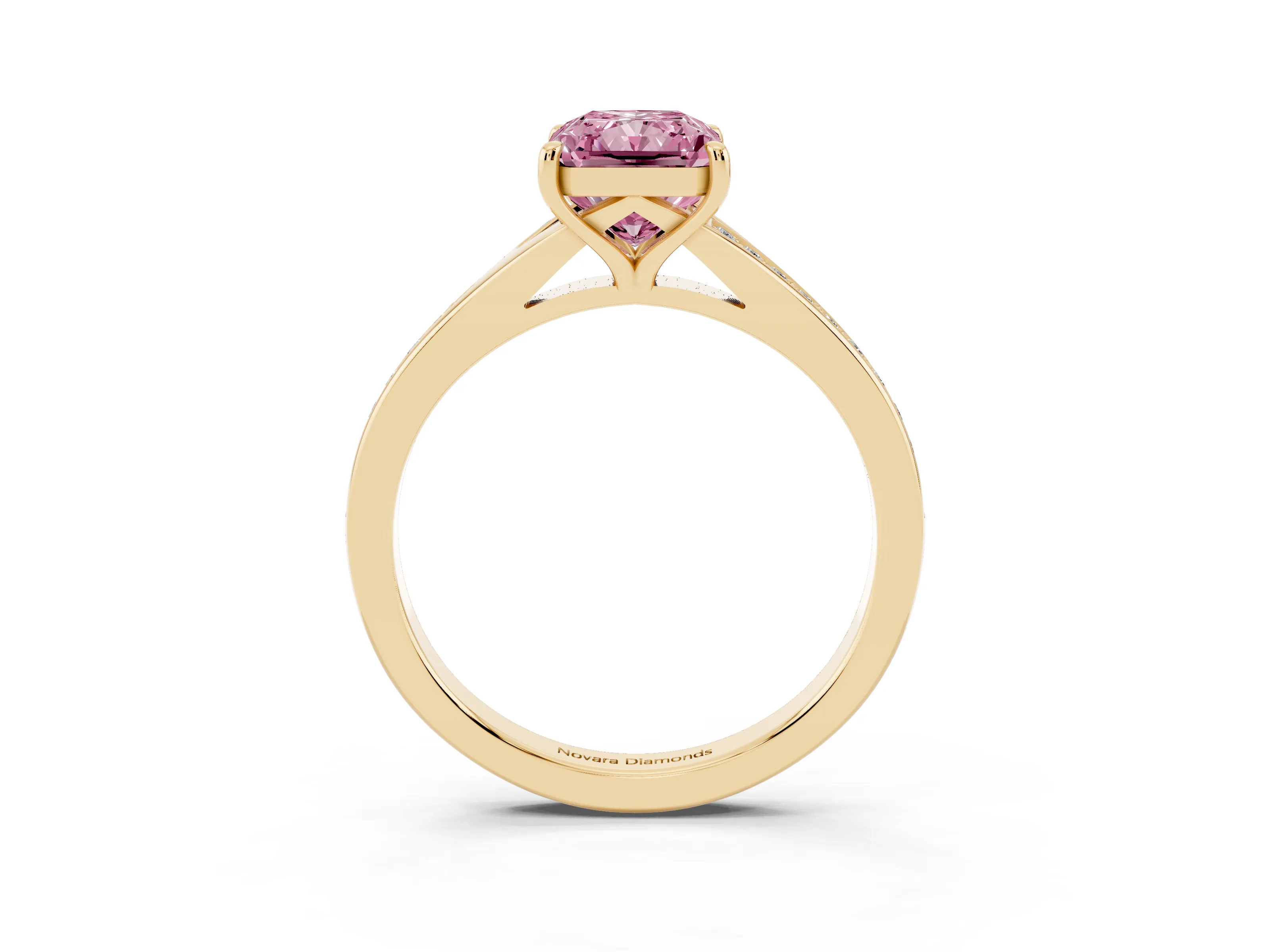 Fancy Pink Radiant Cut Diamond Solitaire Ring Set in Yellow gold with Pavé Accent Band and Classic Prong Setting