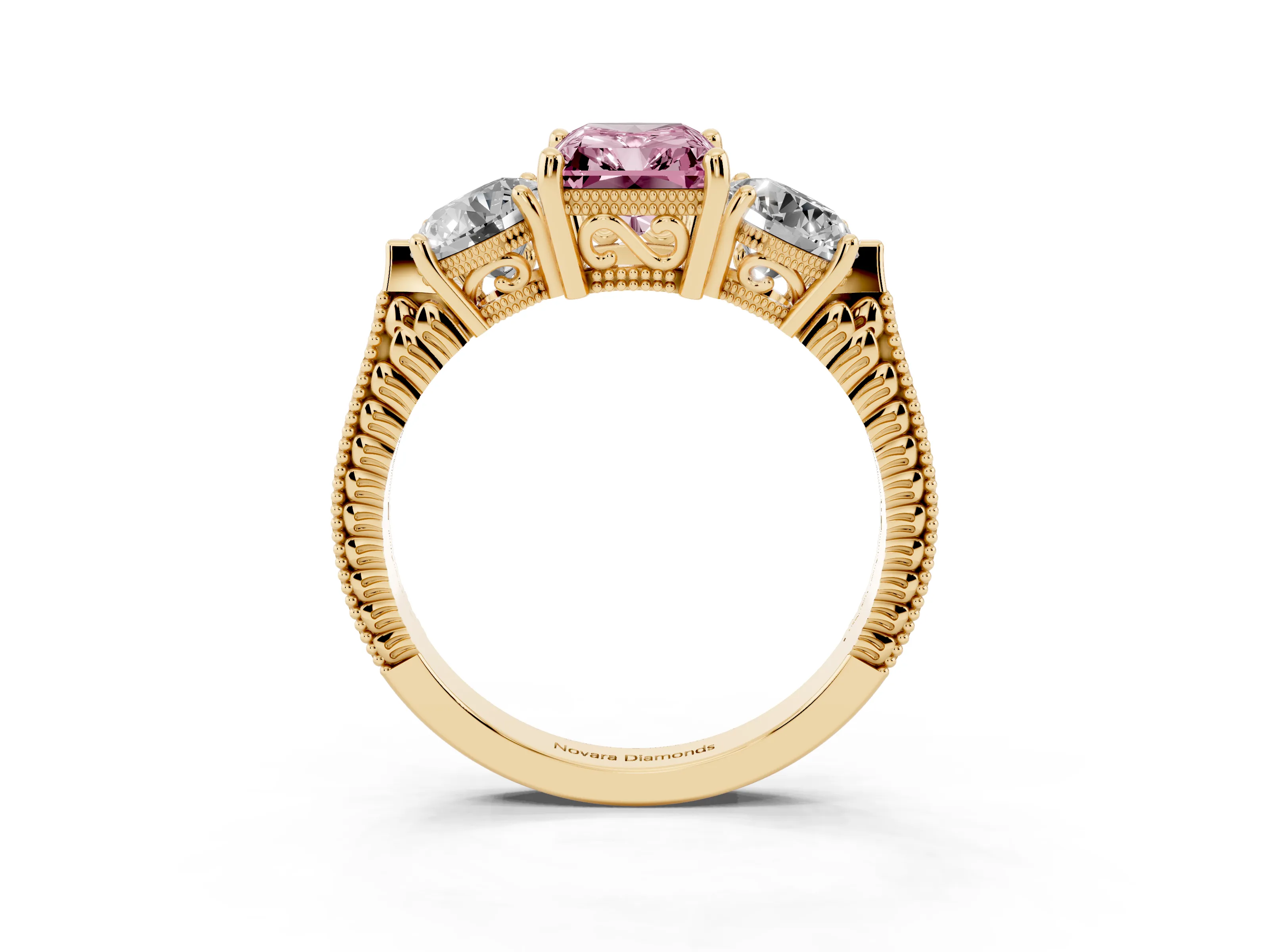 Fancy Pink Radiant Cut Diamond Three-Stone Ring Set in Yellow gold with Milgrain Band