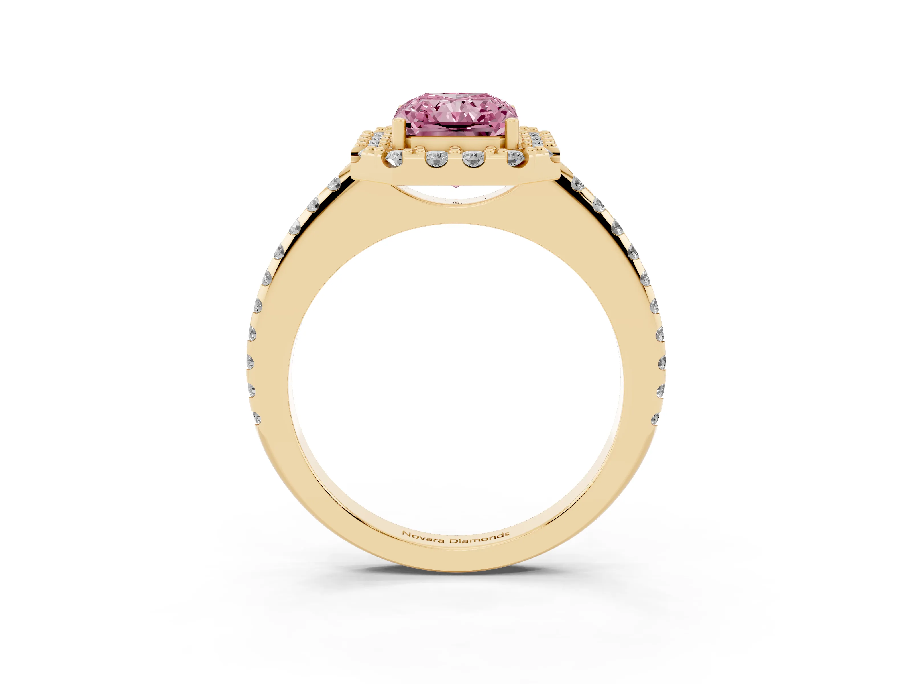 Fancy Pink Radiant Cut Diamond Pavé Halo Ring Set in Yellow gold with Prong Setting