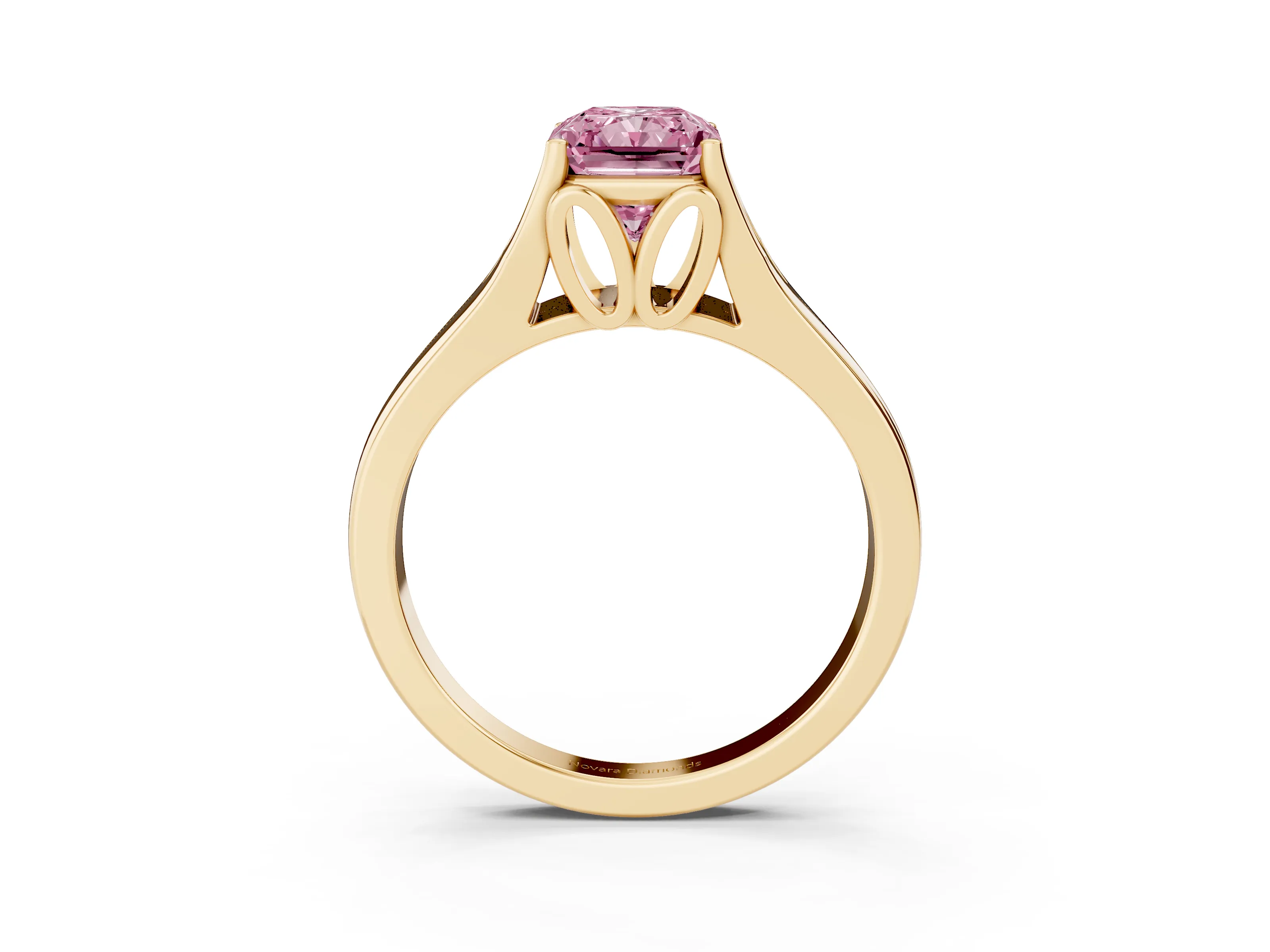 Fancy Pink Radiant Cut Diamond Solitaire Ring Set in Yellow gold with Arched Cathedral Band and Prong Setting