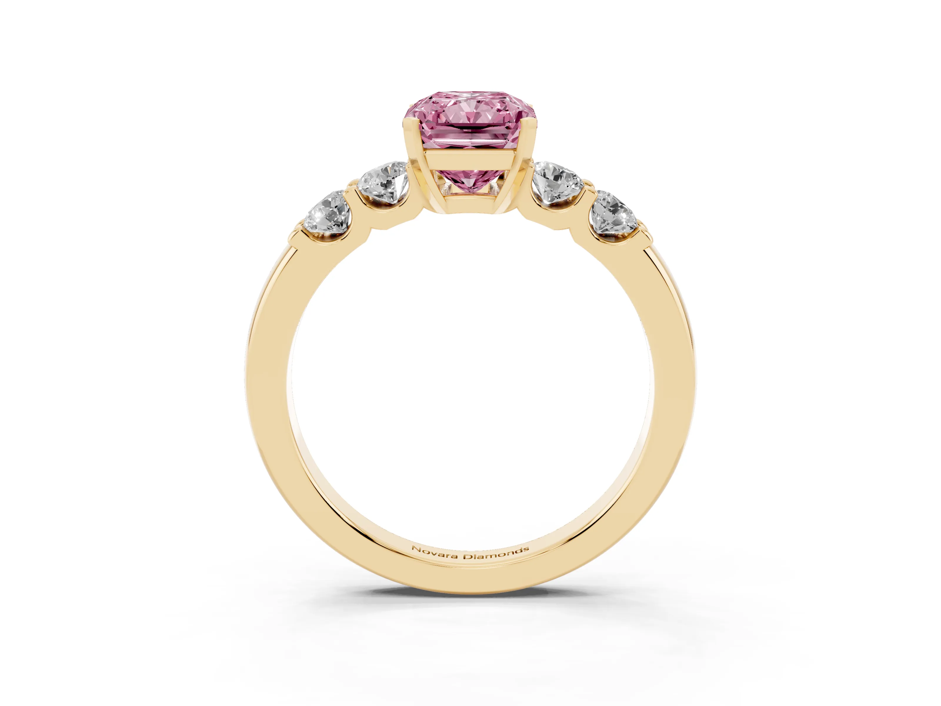 Fancy Pink Radiant Cut Diamond Five-Stone Prong Set Engagement Ring Set in Yellow gold with Channel Band