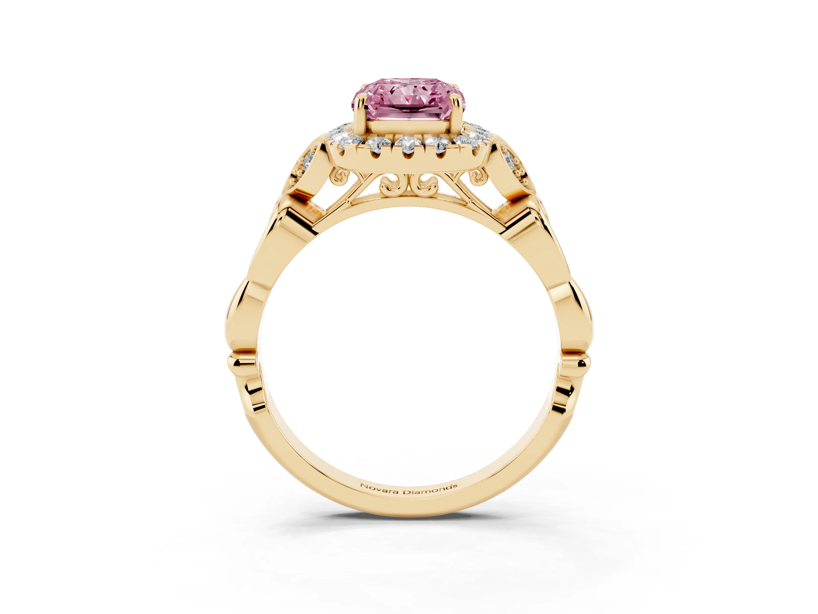 Fancy Pink Radiant Cut Diamond Halo Engagement Ring Set in Yellow gold with Vintage-Inspired Band and Prong Setting