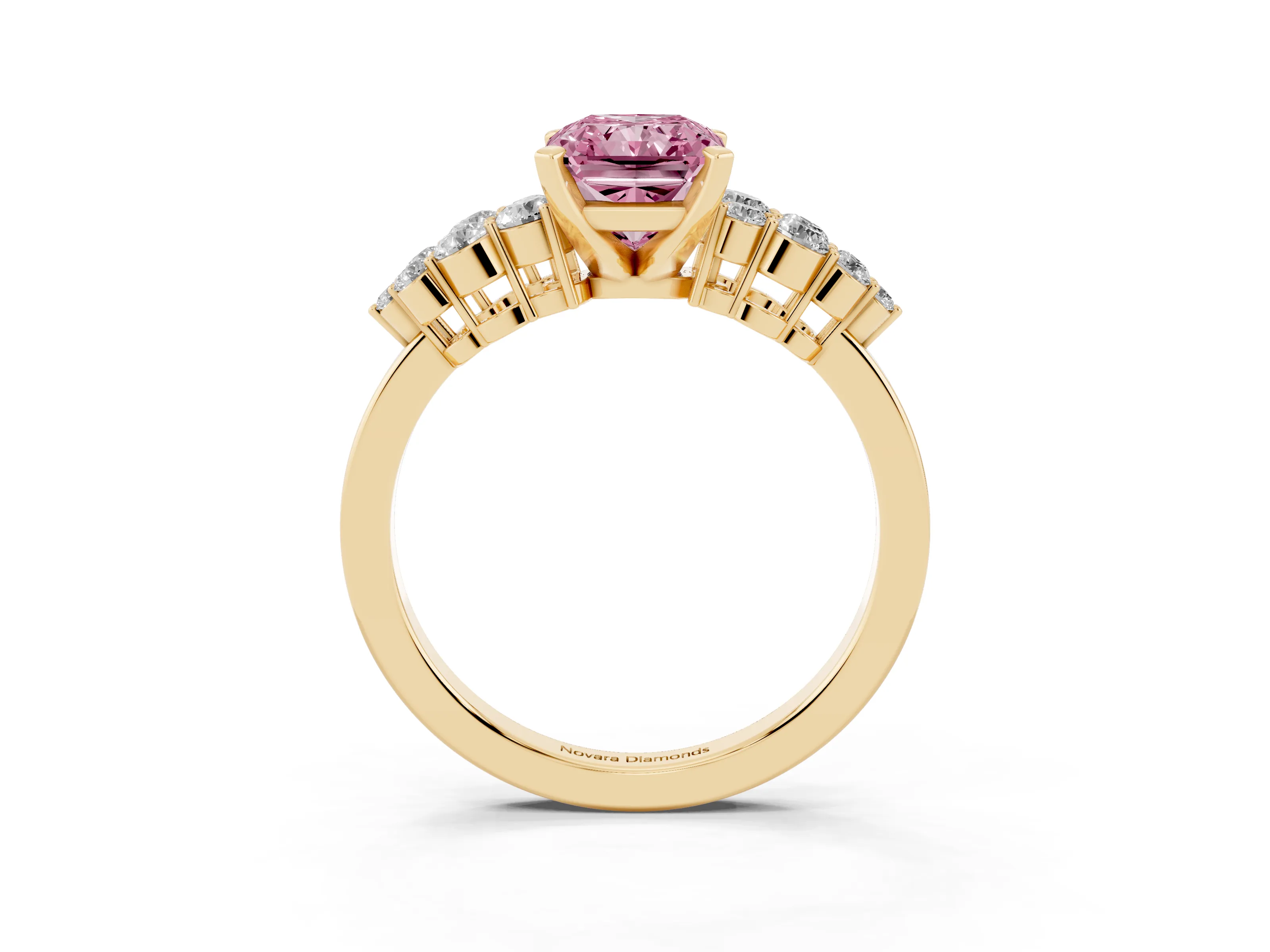 Fancy Pink Radiant Cut Diamond Cluster Engagement Ring Set in Yellow gold with Pavé Band and Prong Setting