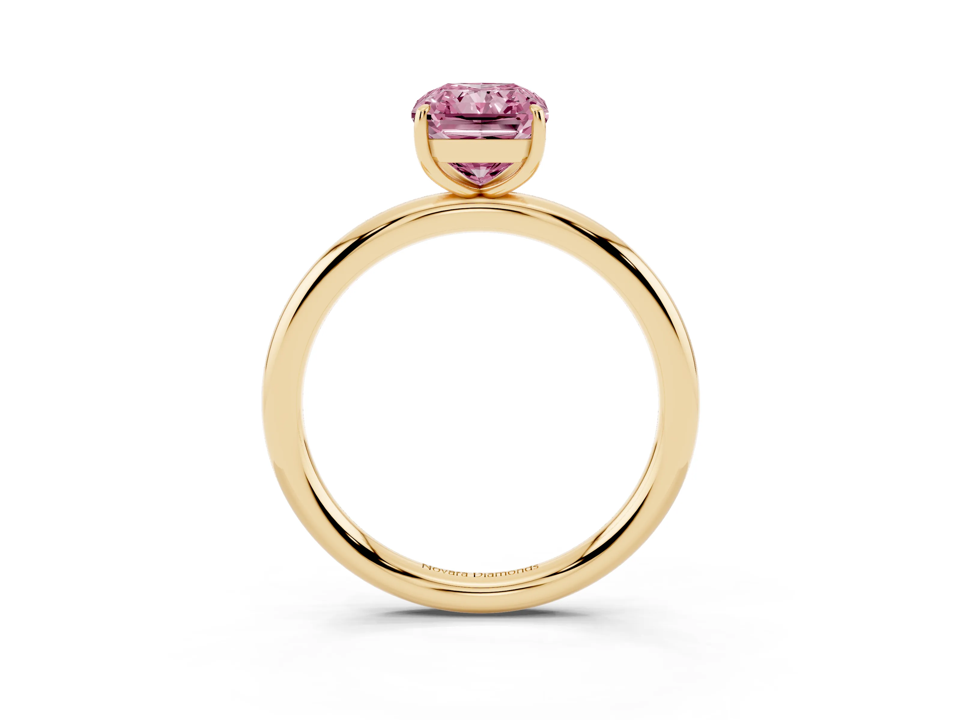 Fancy Pink Radiant Cut Diamond Solitaire Ring Set in Yellow gold with Prong Setting on a Polished Plain Band