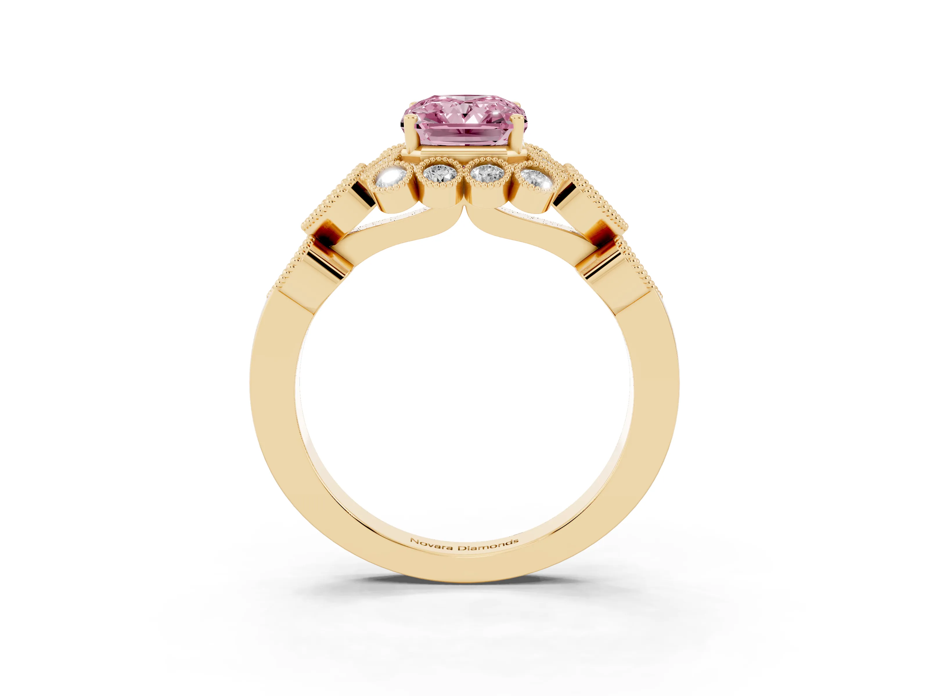 Fancy Pink Radiant Cut Diamond Solitaire Ring Set in Yellow gold with Milgrain Pavé Heart Band