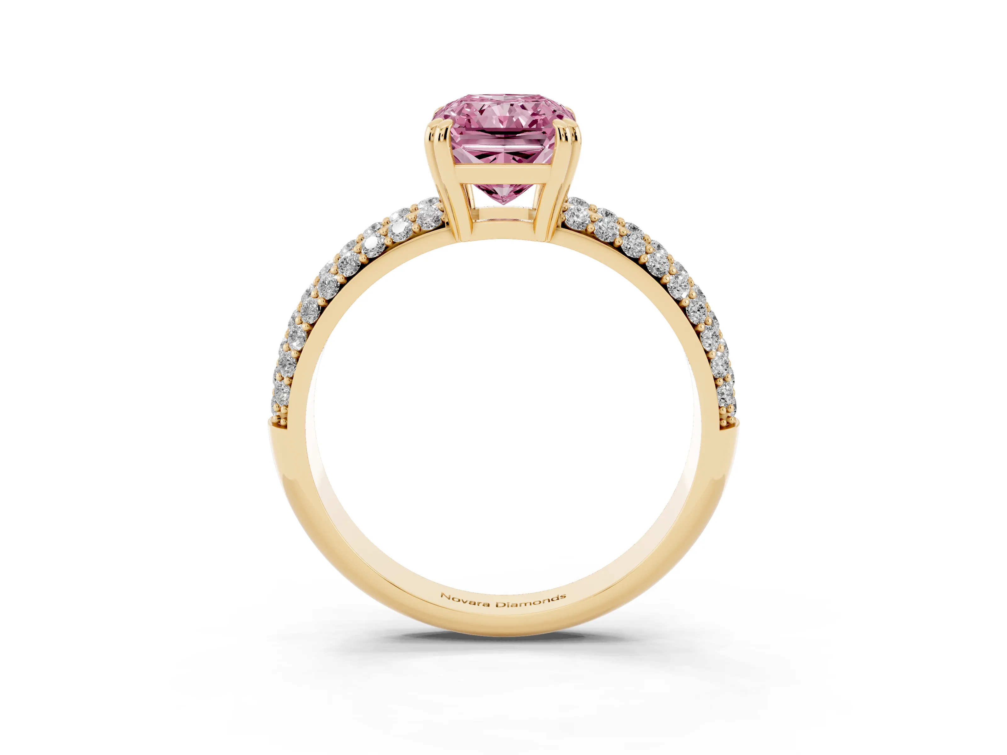 Fancy Pink Radiant Cut Diamond Solitaire Ring Set in Yellow gold with Multi-Row Round Pavé Band and Prong Setting