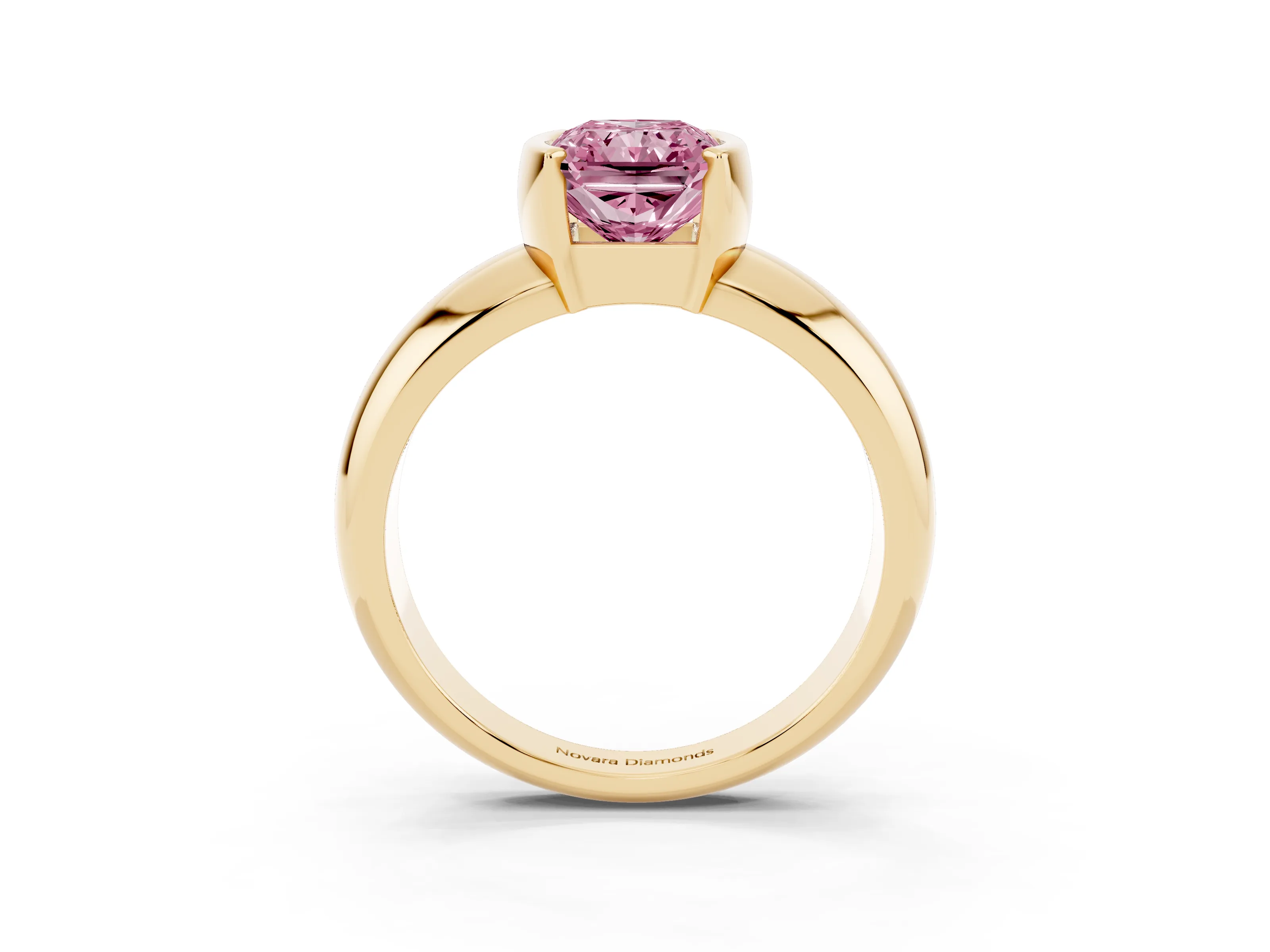 Fancy Pink Radiant Cut Diamond Solitaire Tension Set Ring Set in Yellow gold with Wide Band