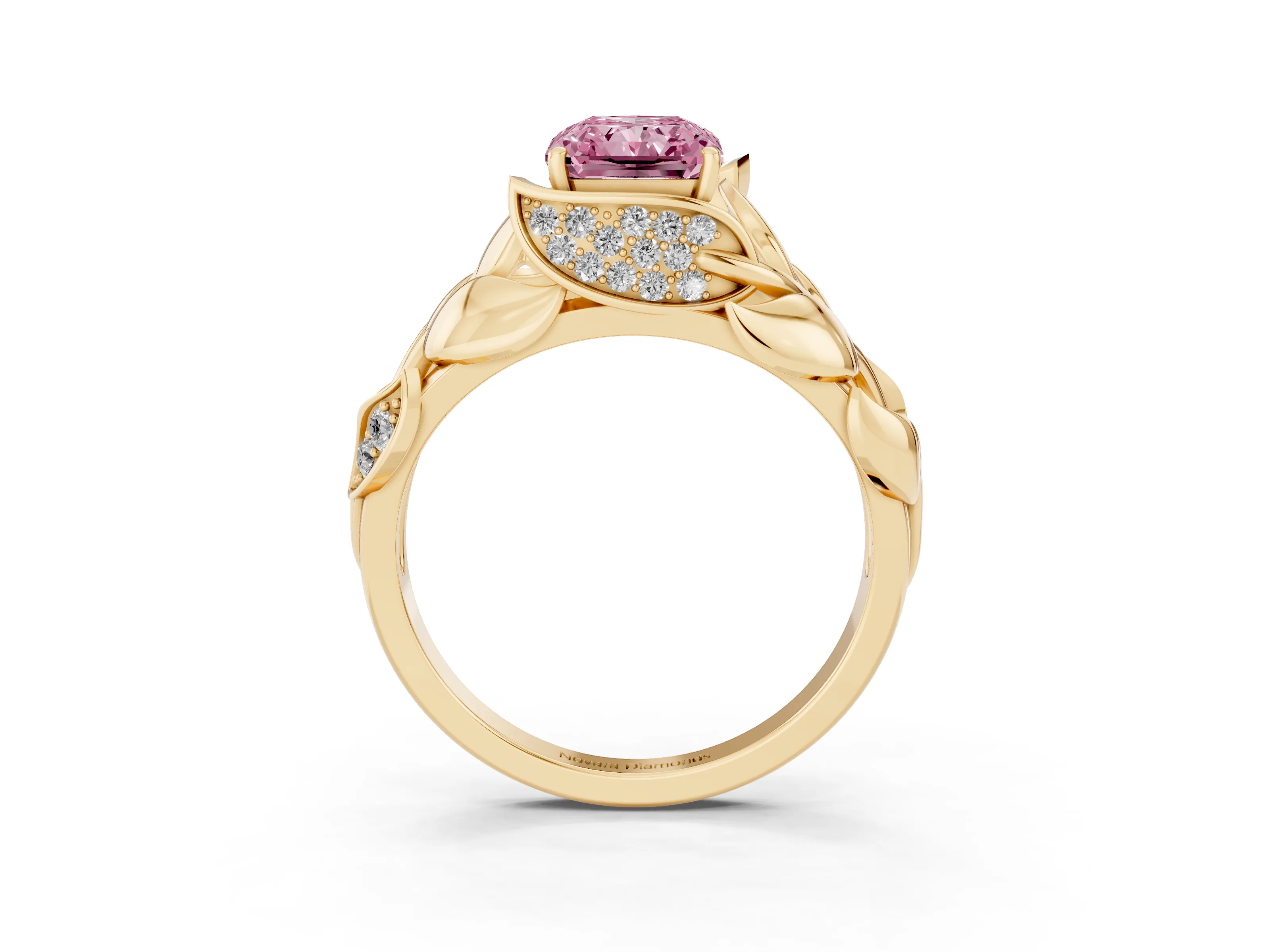 Fancy Pink Radiant Cut Diamond Leaf-Inspired Engagement Ring Set in Yellow gold with Round Accents