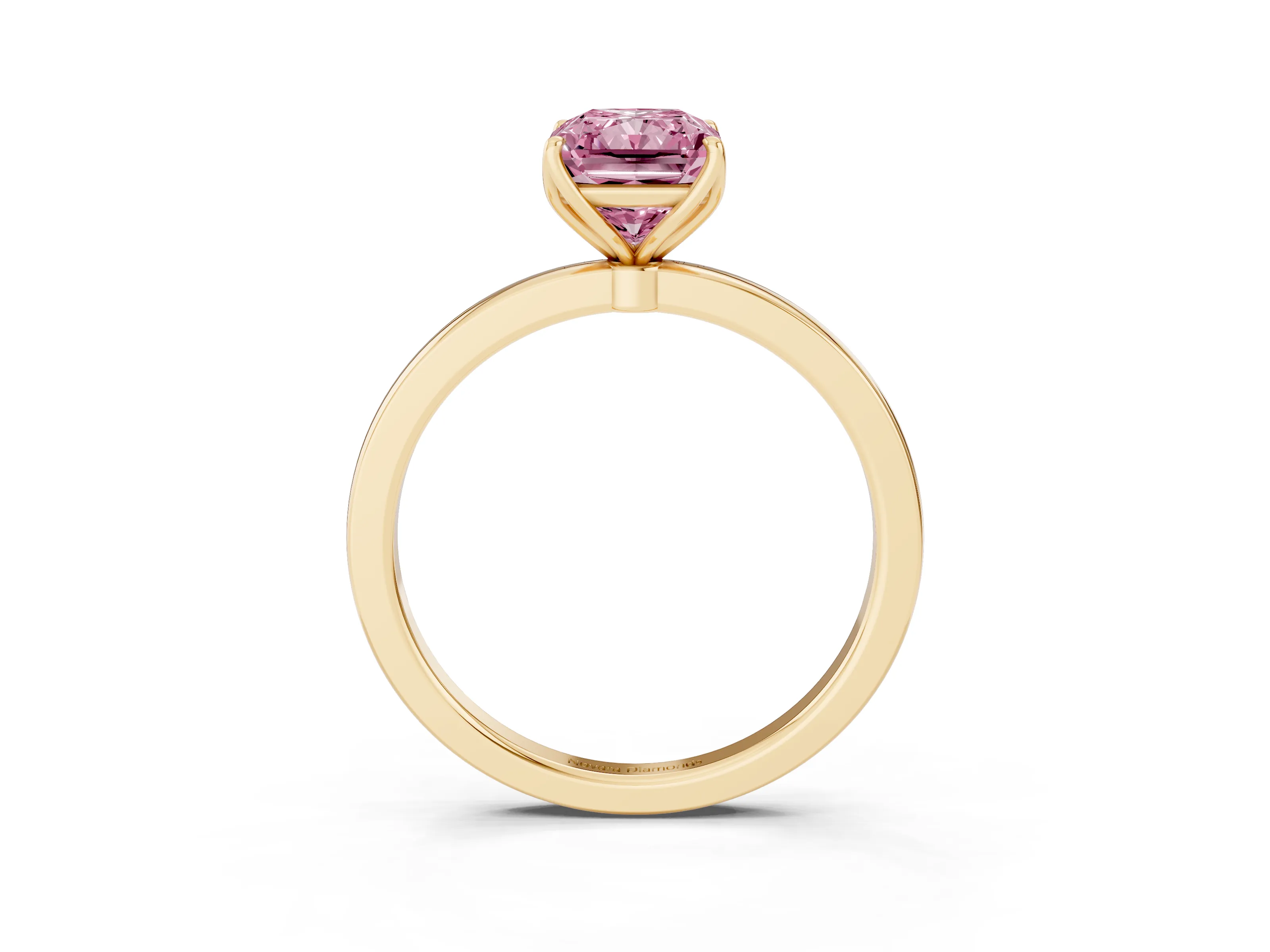 Fancy Pink Radiant Cut Diamond Solitaire Ring Set in Yellow gold with Prong Setting and Thin Polished Band