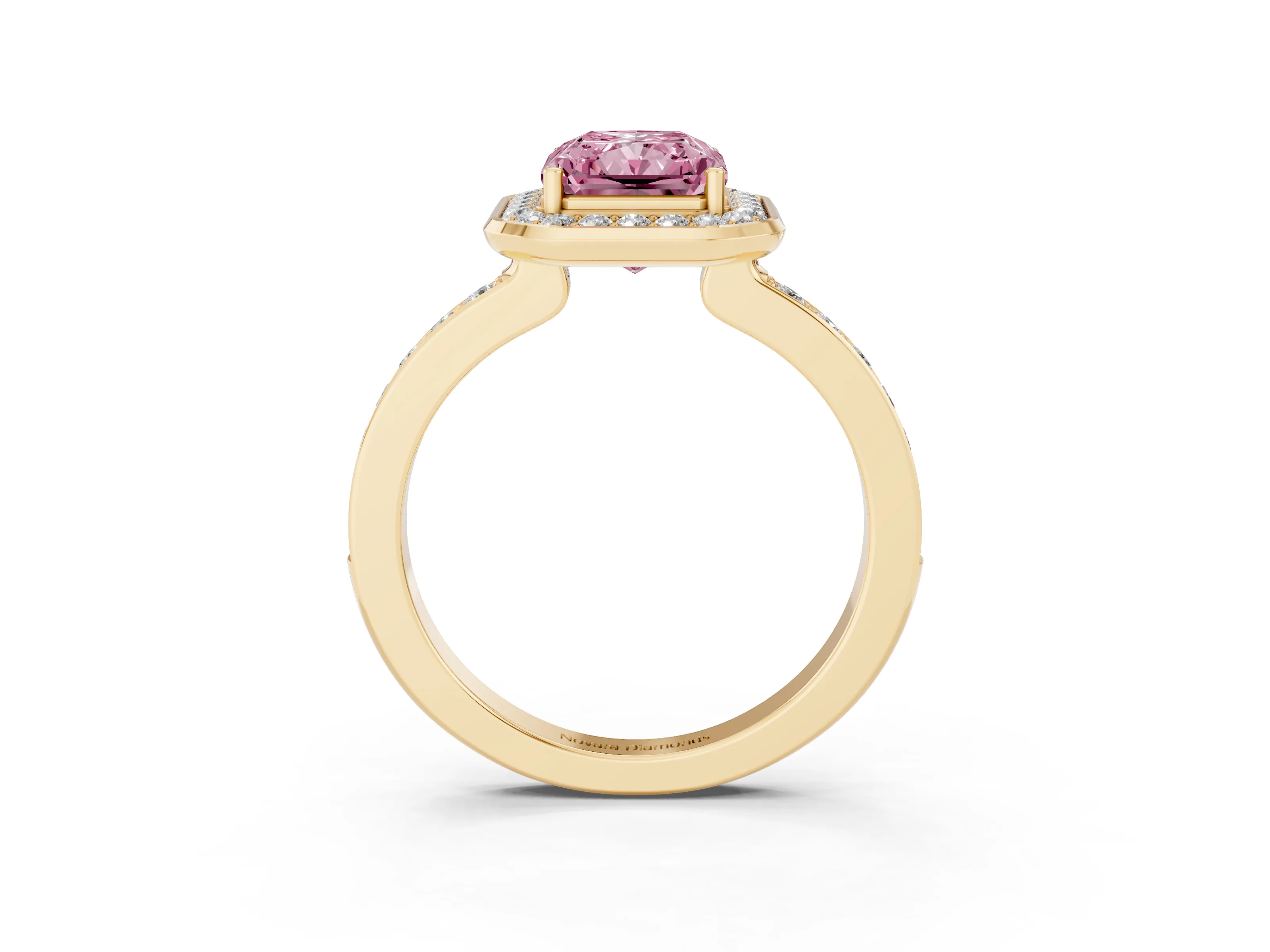 Fancy Pink Radiant Cut Diamond Halo Ring Set in Yellow gold with Bezel Frame and Pavé Band