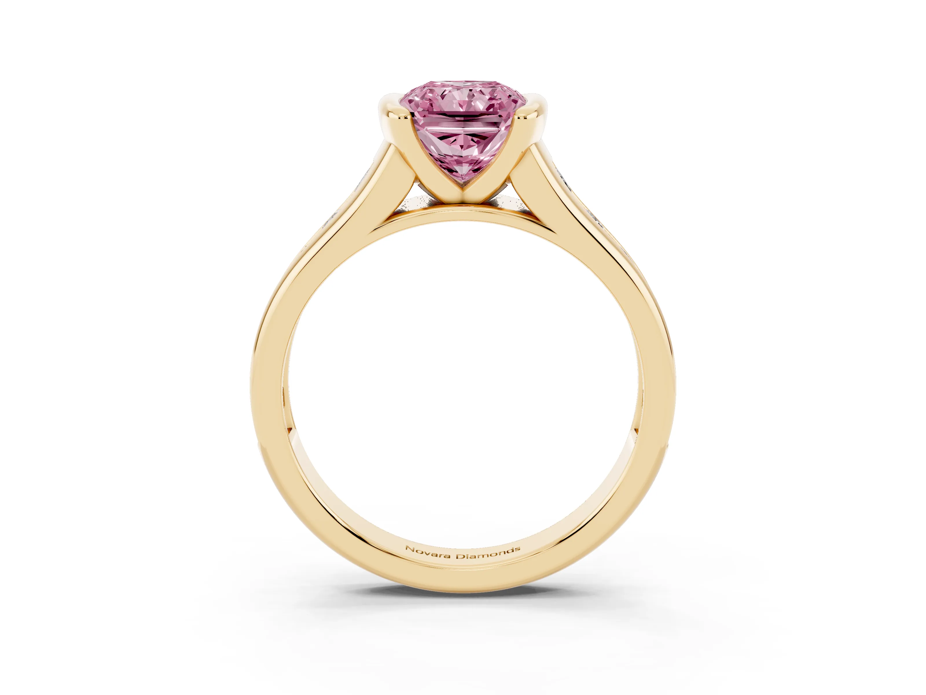 Fancy Pink Radiant Cut Diamond Bezel-Set Solitaire Ring Set in Yellow gold with Channel-Set Band