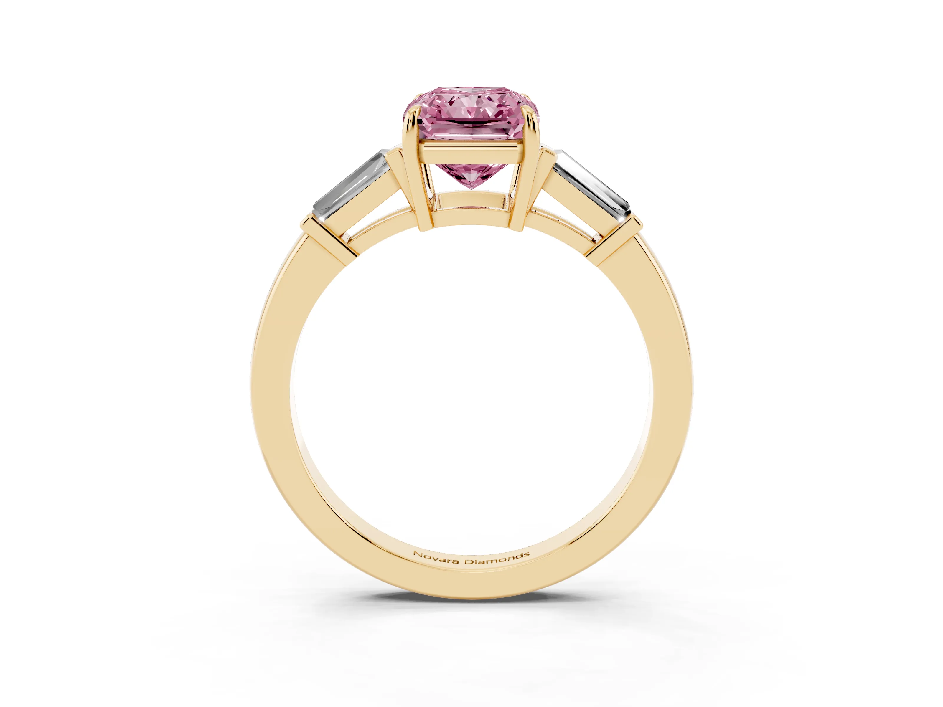 Fancy Pink Radiant Cut Diamond Three-Stone Ring Set in Yellow gold with Tapered Baguette Side Stones and Prong Setting