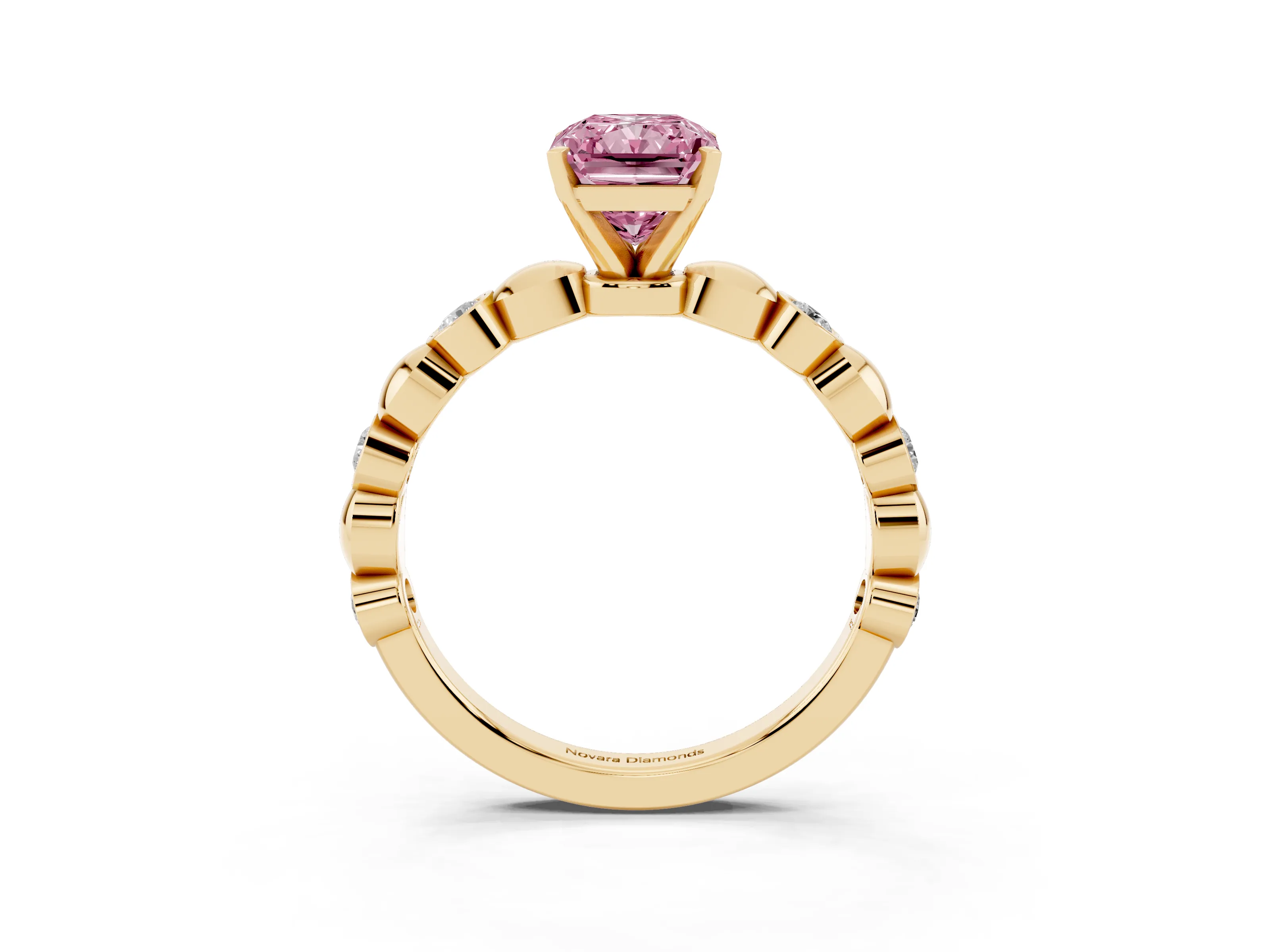 Fancy Pink Radiant Cut Diamond Solitaire Ring Set in Yellow gold with Bezel-Set Accents on Beaded Band and Prong Setting