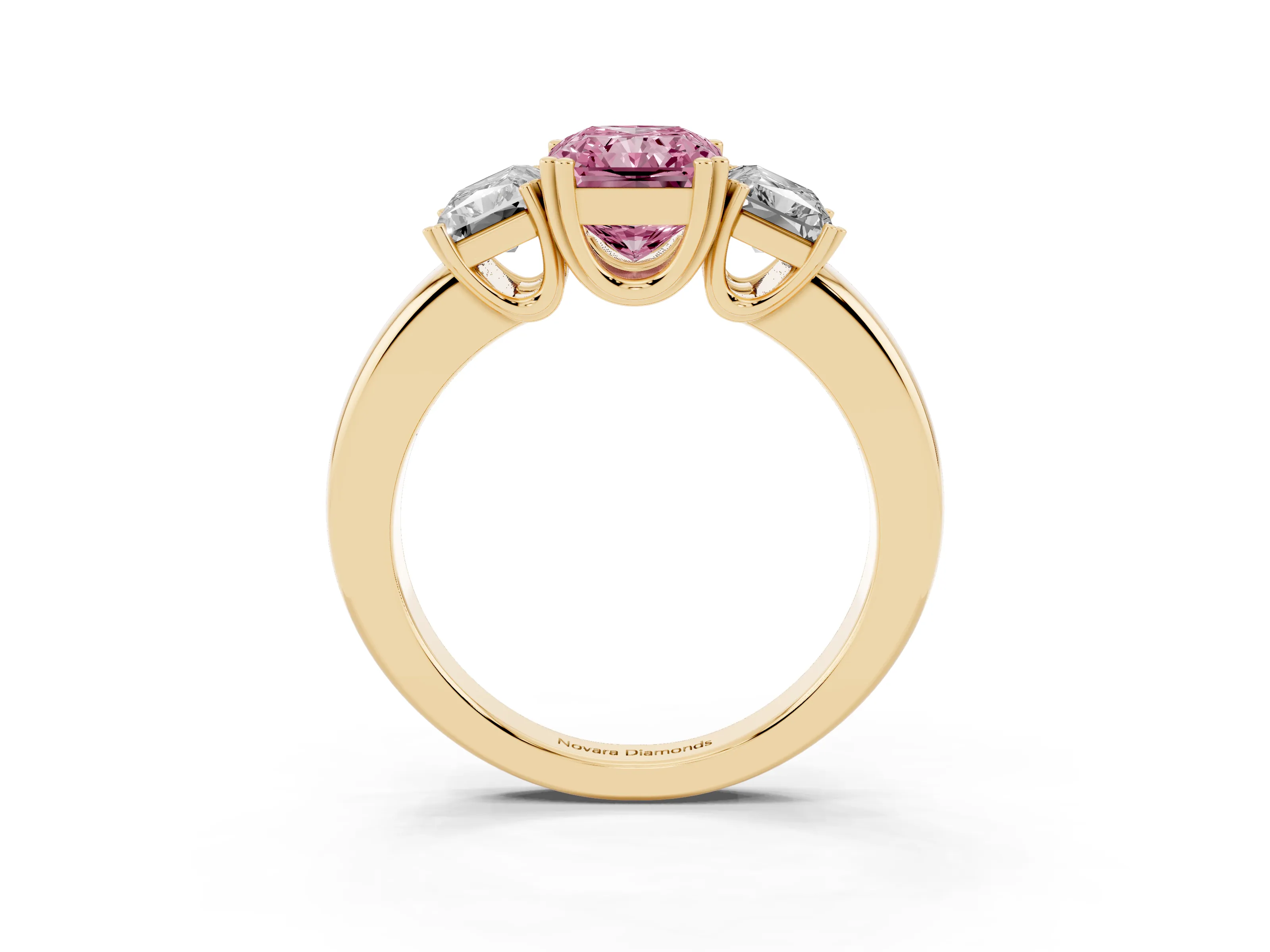 Fancy Pink Radiant Cut Diamond Three-Stone Ring Set in Yellow gold with Polished Channel-Set Band