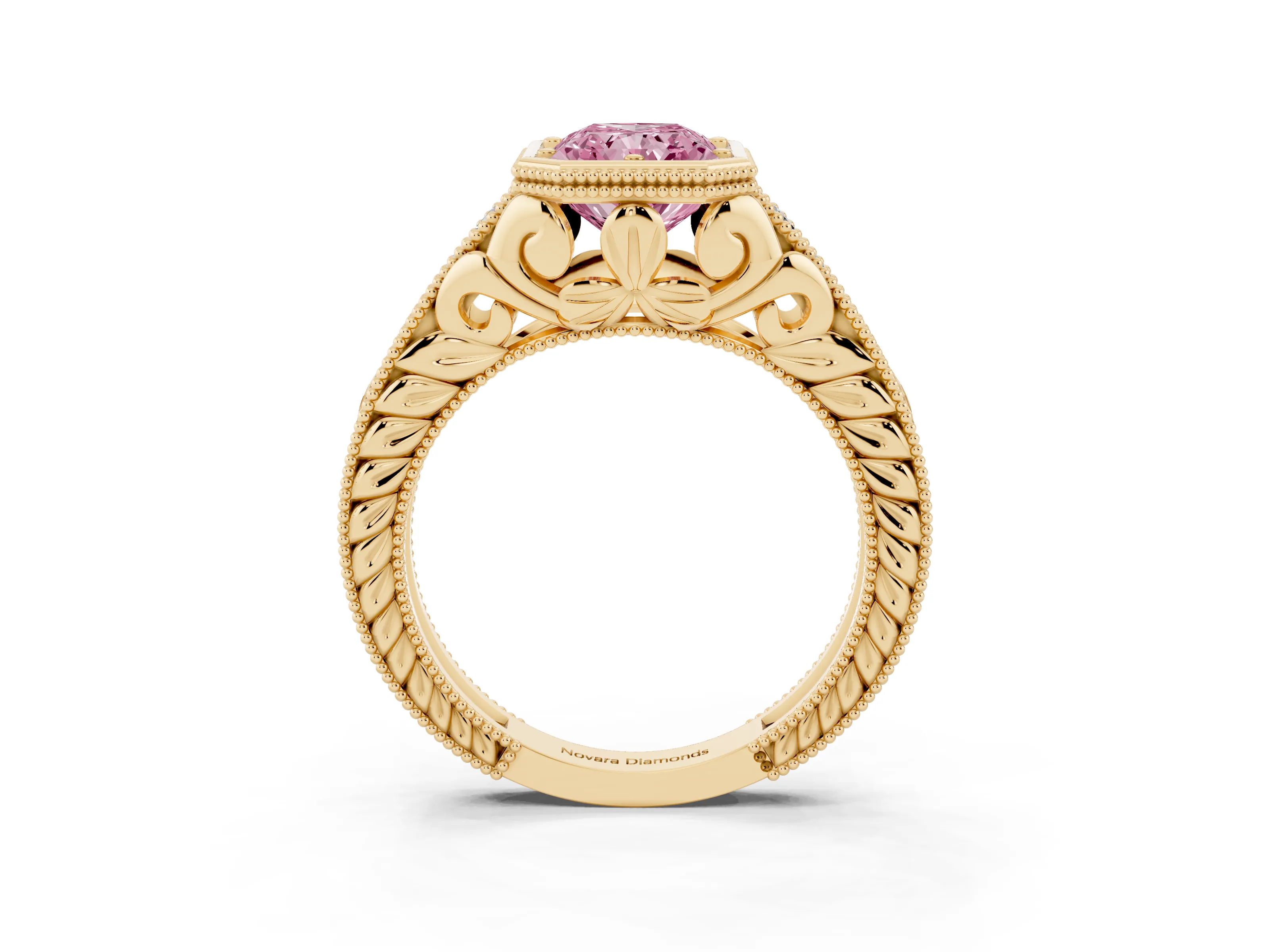 Fancy Pink Bezel Set Radiant Cut Diamond Milgrain Pavé Engagement Ring Set in Yellow gold