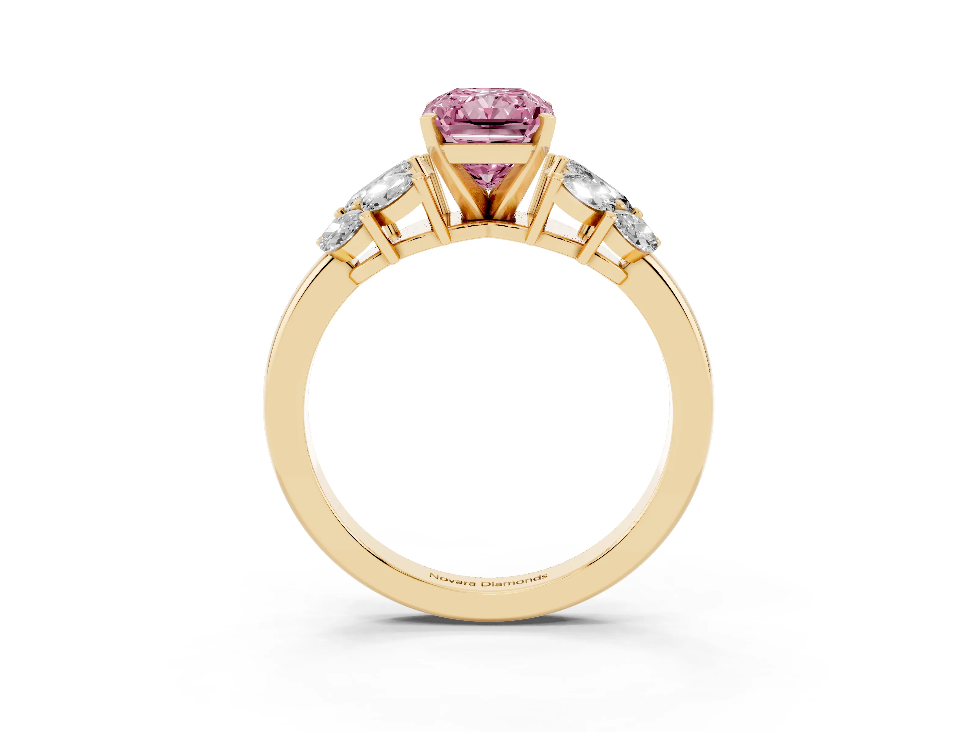 Fancy Pink Radiant Cut Diamond Cluster Leaf Design Ring Set in Yellow gold with Prong Setting