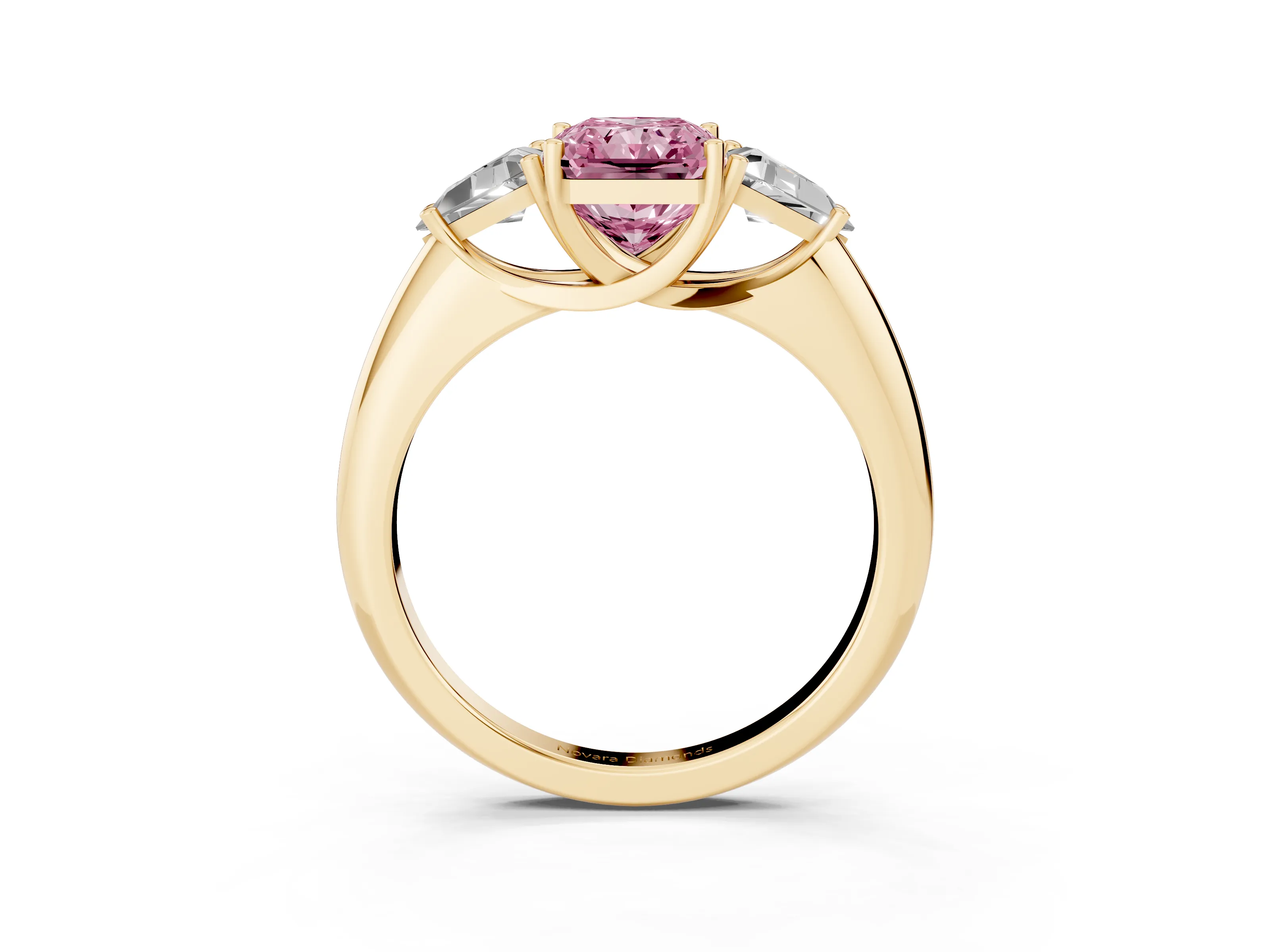 Fancy Pink Radiant Cut Diamond Three-Stone Engagement Ring Set in Yellow gold with Trillion Side Stones