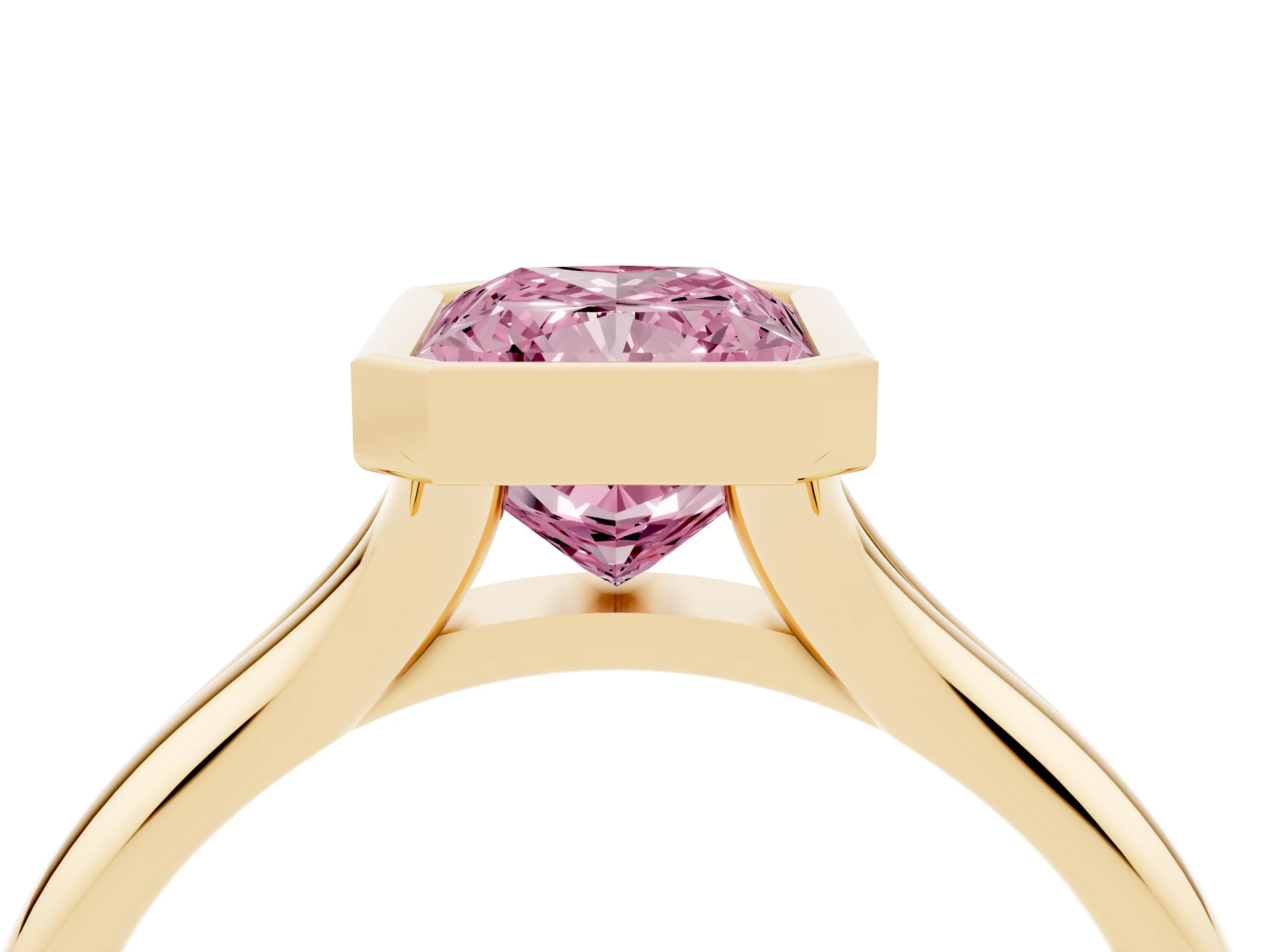 Fancy Pink Bezel Set Radiant Cut Diamond Solitaire Ring Set in Yellow gold with Smooth Band