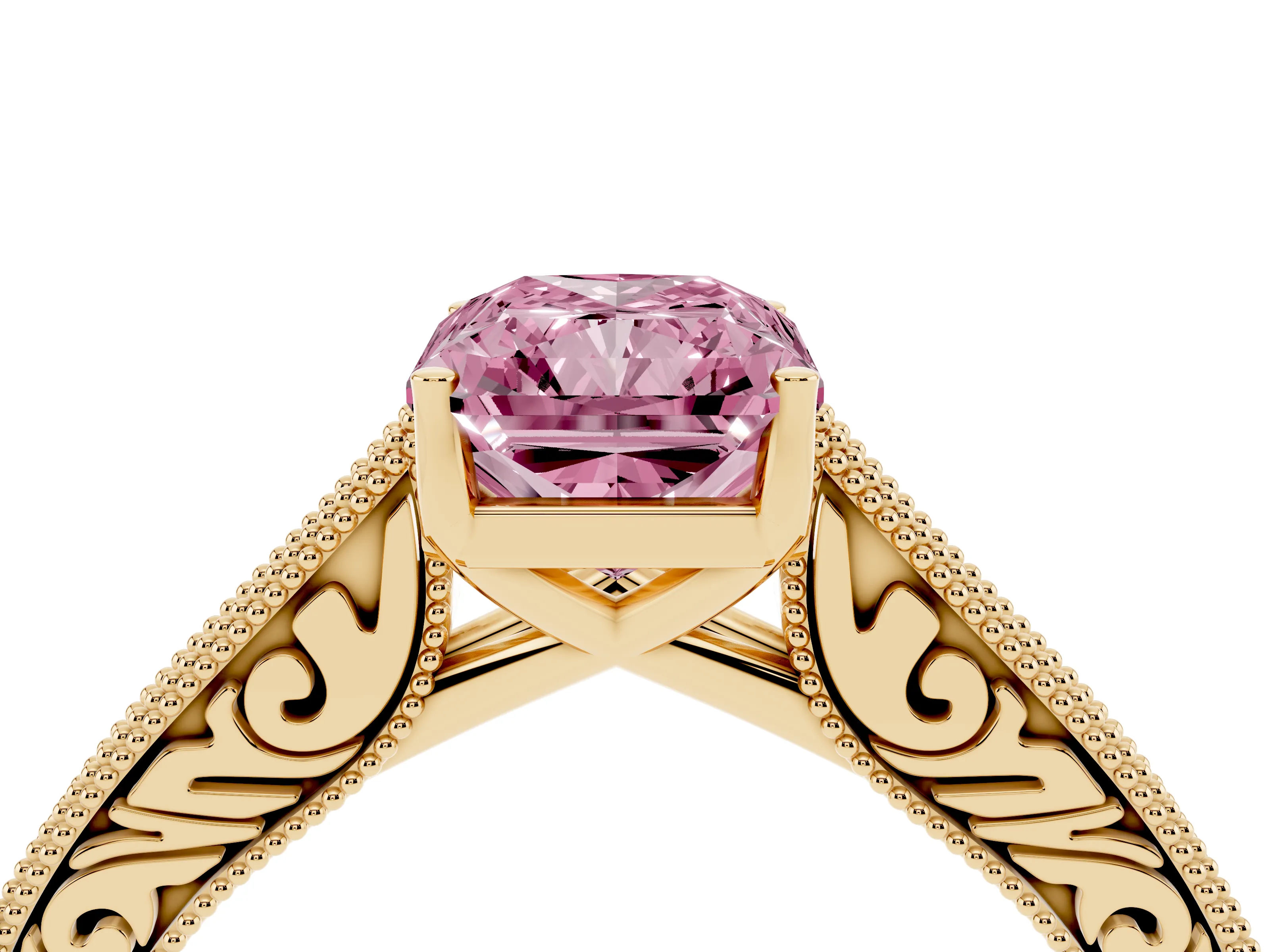 Fancy Pink Radiant Cut Diamond Milgrain Pavé Band Solitaire Ring Set in Yellow gold with Prong Setting
