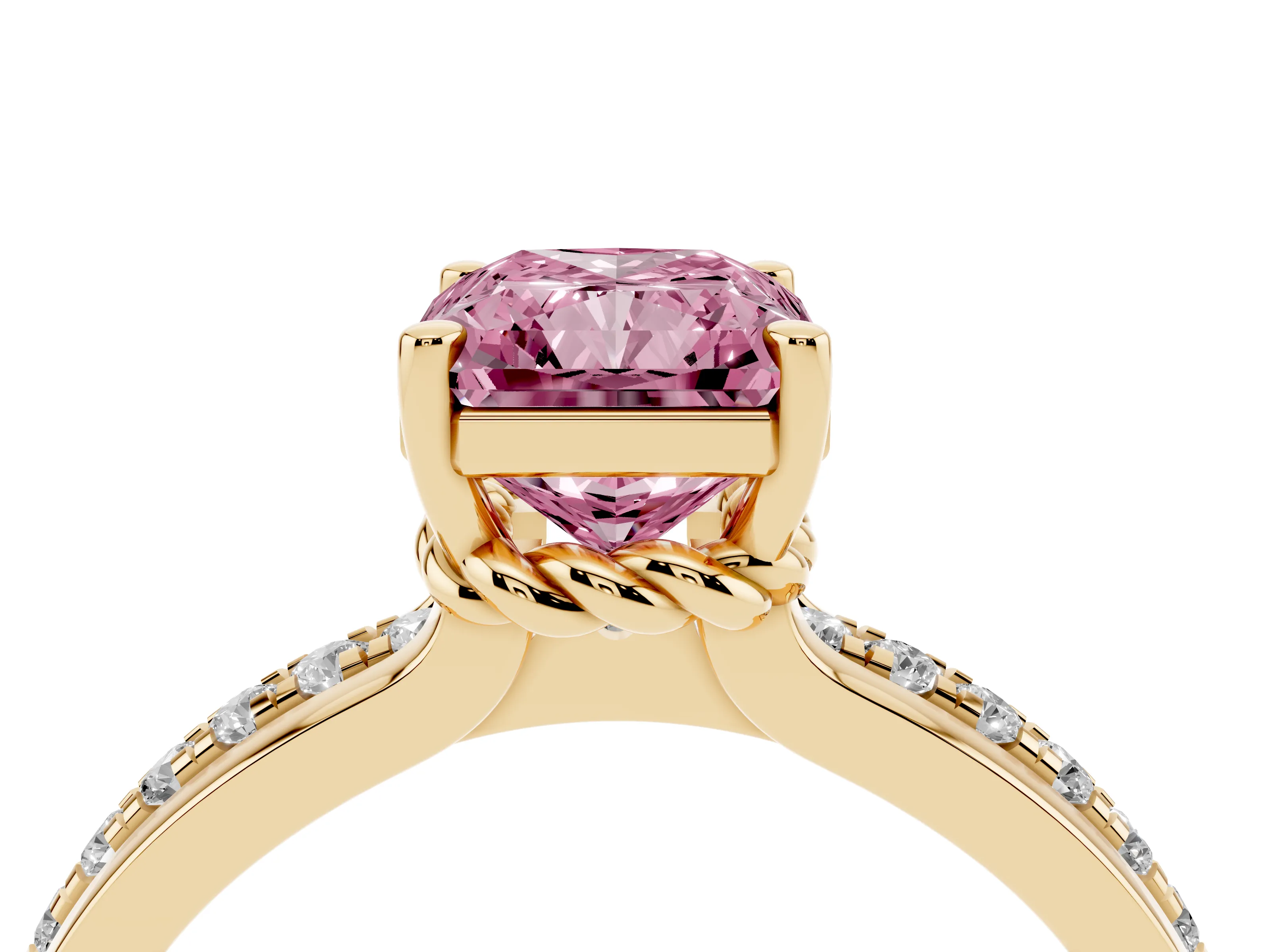 Fancy Pink Radiant Cut Diamond Solitaire Ring Set in Yellow gold with Channel Set Band and Prong Setting