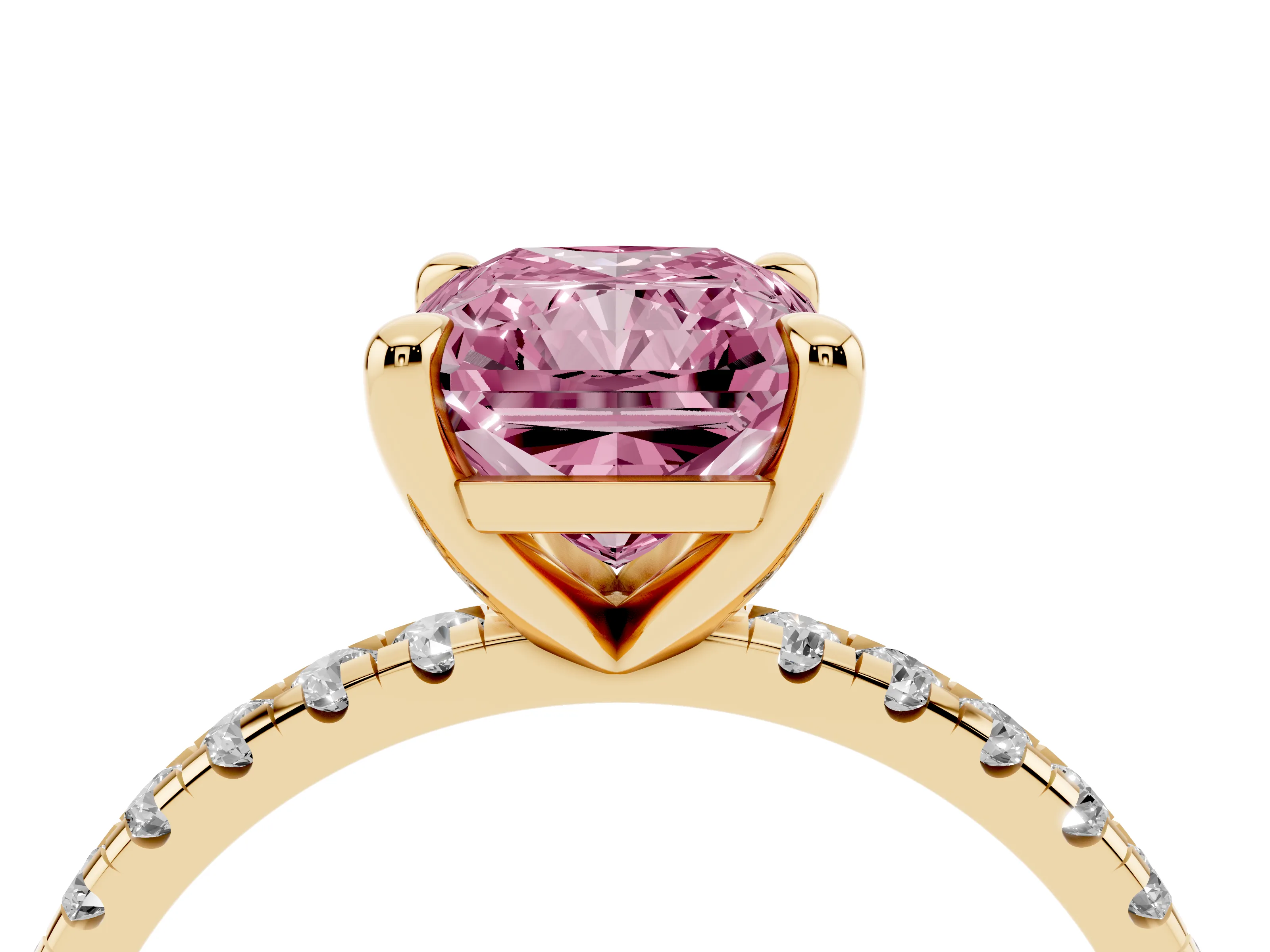 Fancy Pink Radiant Cut Diamond Brilliant Solitaire Ring Set in Yellow gold with Pavé Band and Prong Setting