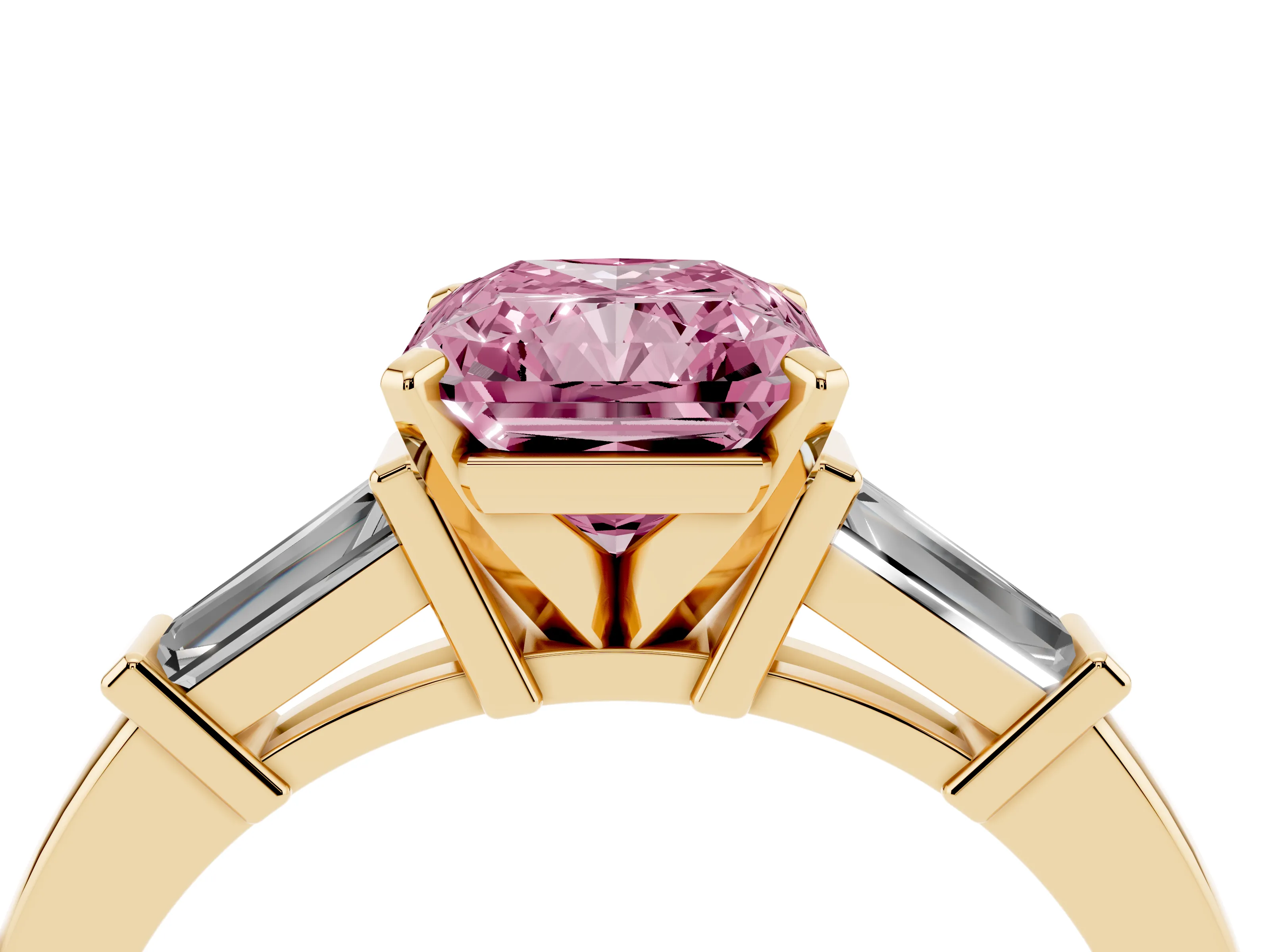 Fancy Pink Radiant Cut Diamond Solitaire Ring Set in Yellow gold with Tapered Baguette Accents and Prong Setting