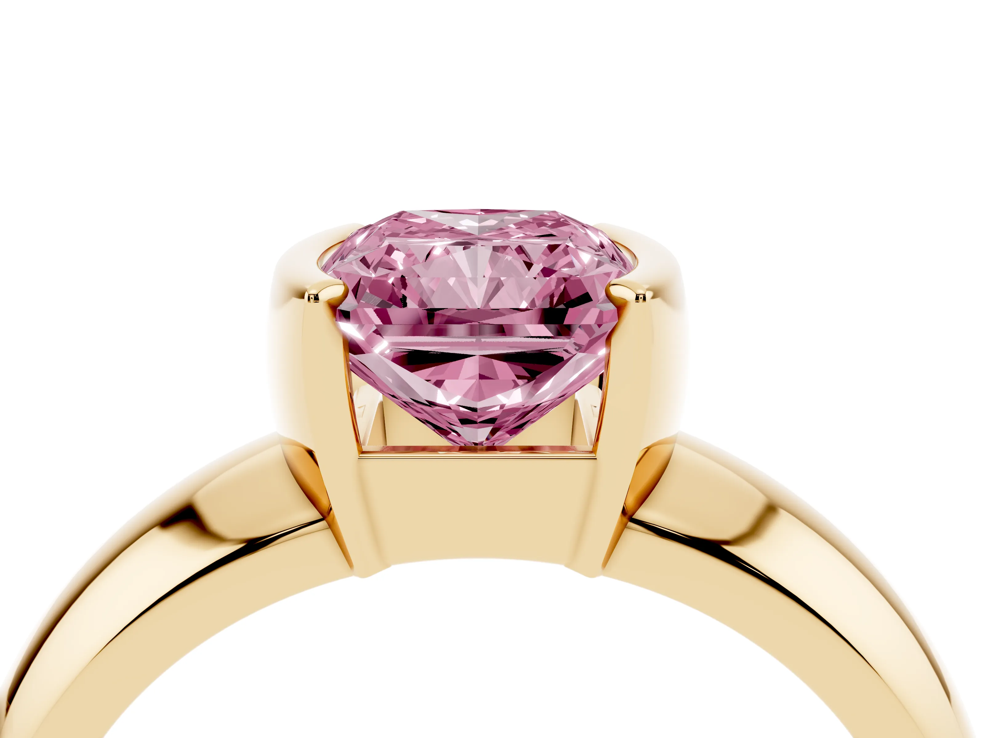 Fancy Pink Radiant Cut Diamond Solitaire Tension Set Ring Set in Yellow gold with Wide Band