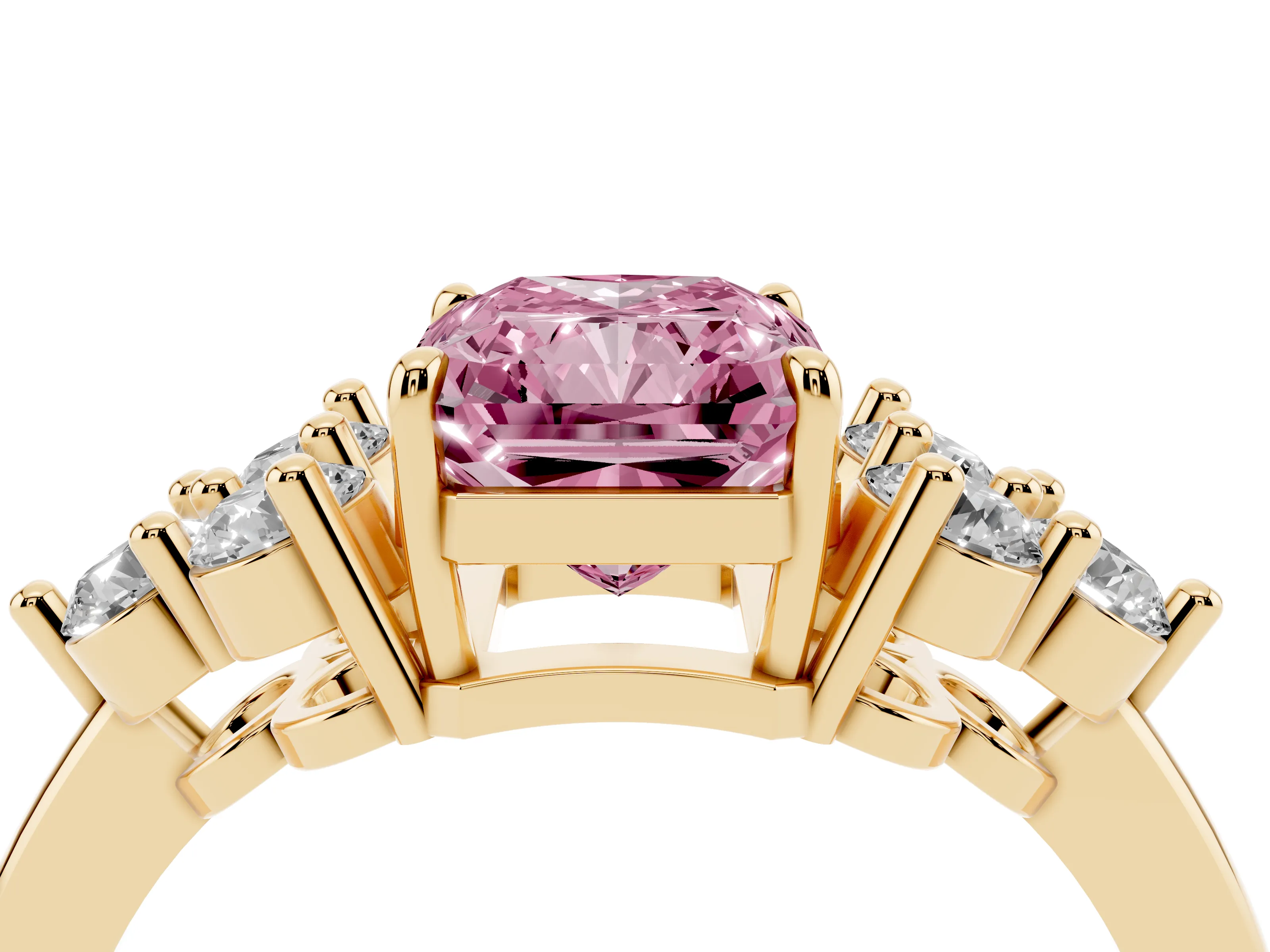 Fancy Pink Radiant Cut Diamond Solitaire Ring Set in Yellow gold with Cluster Accents on Each Side