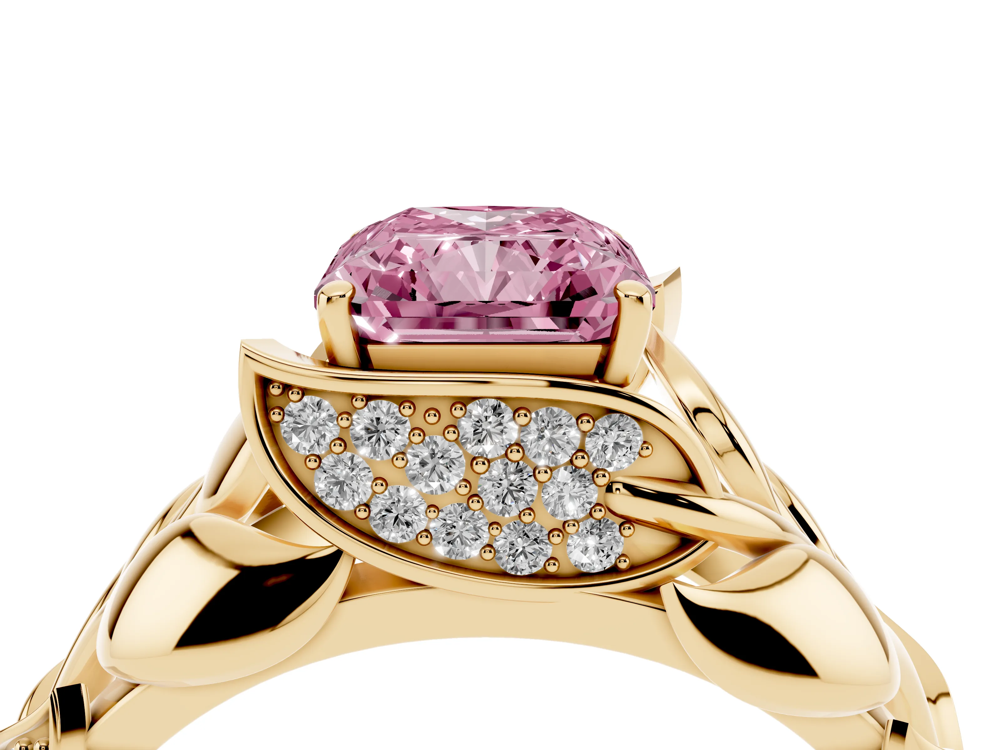 Fancy Pink Radiant Cut Diamond Leaf-Inspired Engagement Ring Set in Yellow gold with Round Accents