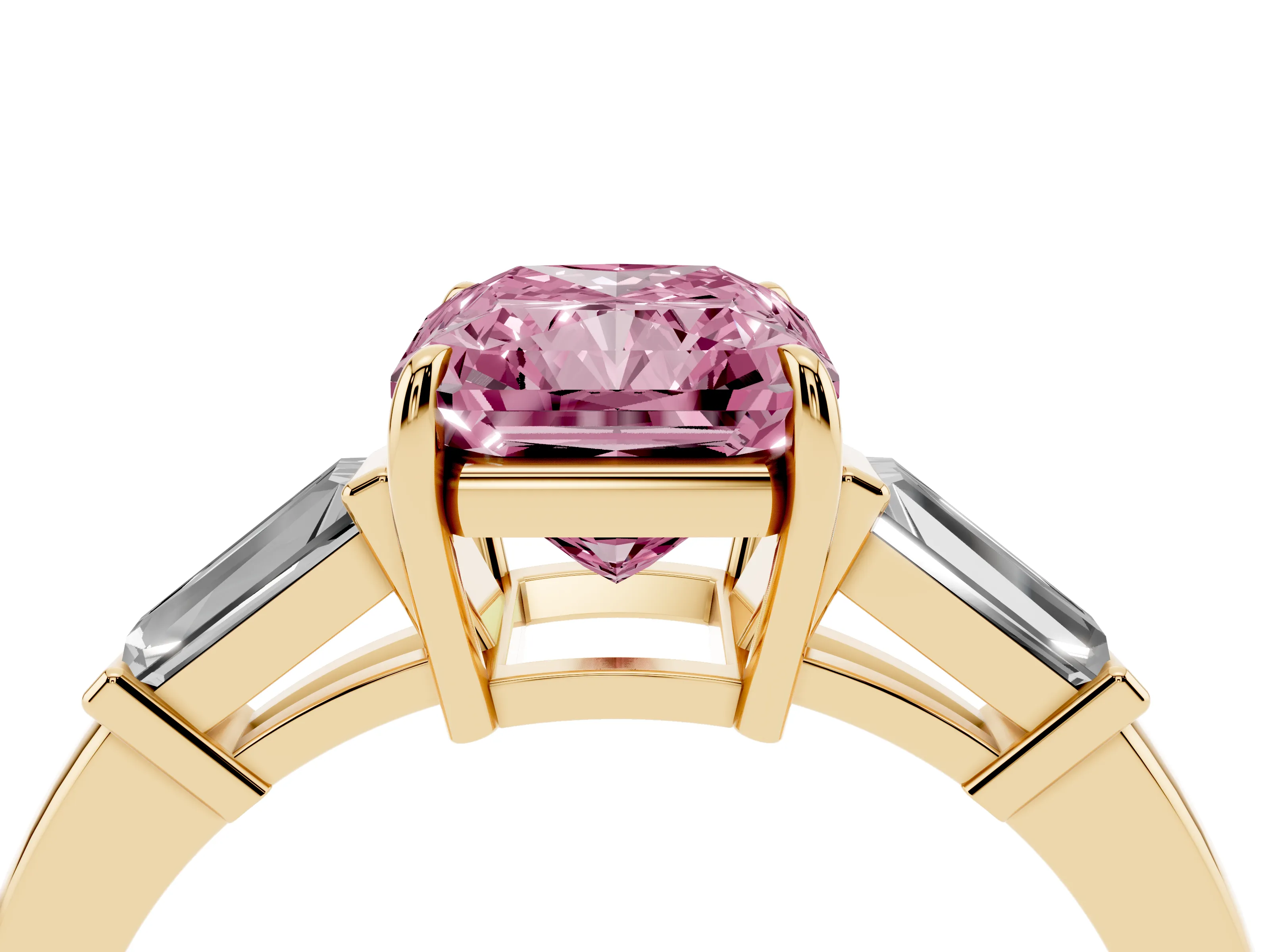 Fancy Pink Radiant Cut Diamond Three-Stone Ring Set in Yellow gold with Tapered Baguette Side Stones and Prong Setting