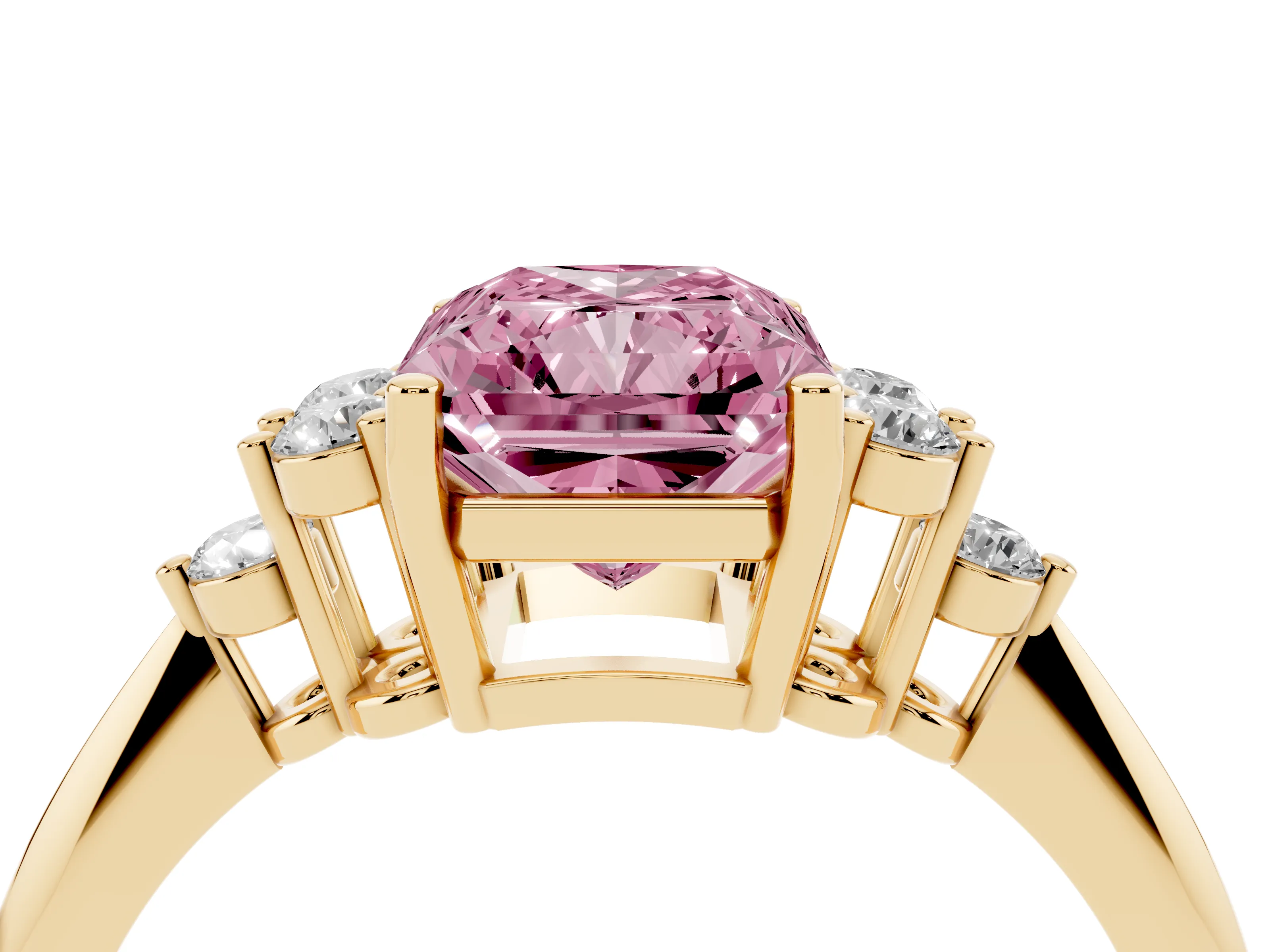 Fancy Pink Radiant Cut Diamond Cluster Ring Set in Yellow gold with Plain Band and Prong Setting