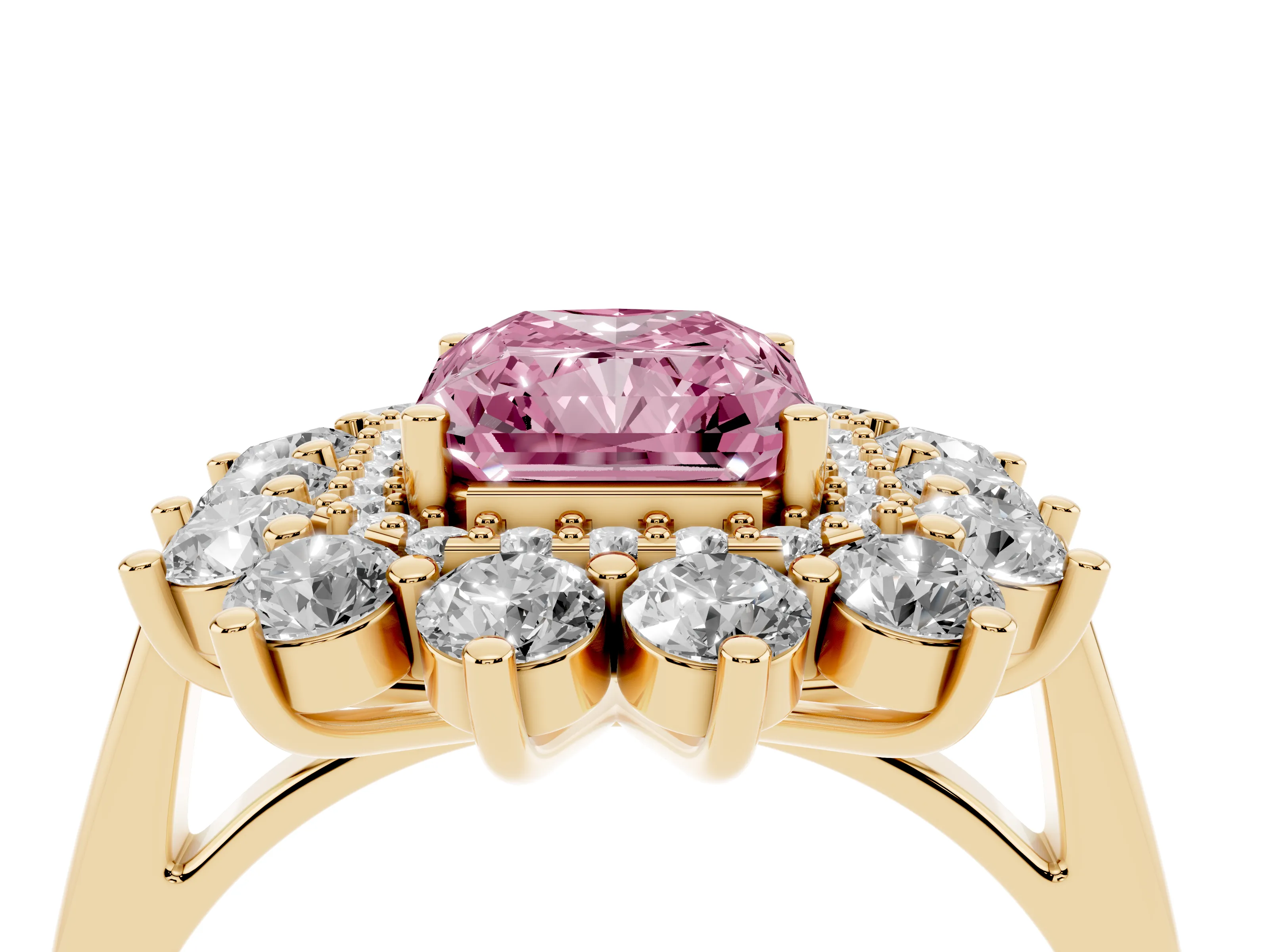 Fancy Pink Radiant Cut Diamond Floral Double Halo Ring Set in Yellow gold with Round Petals