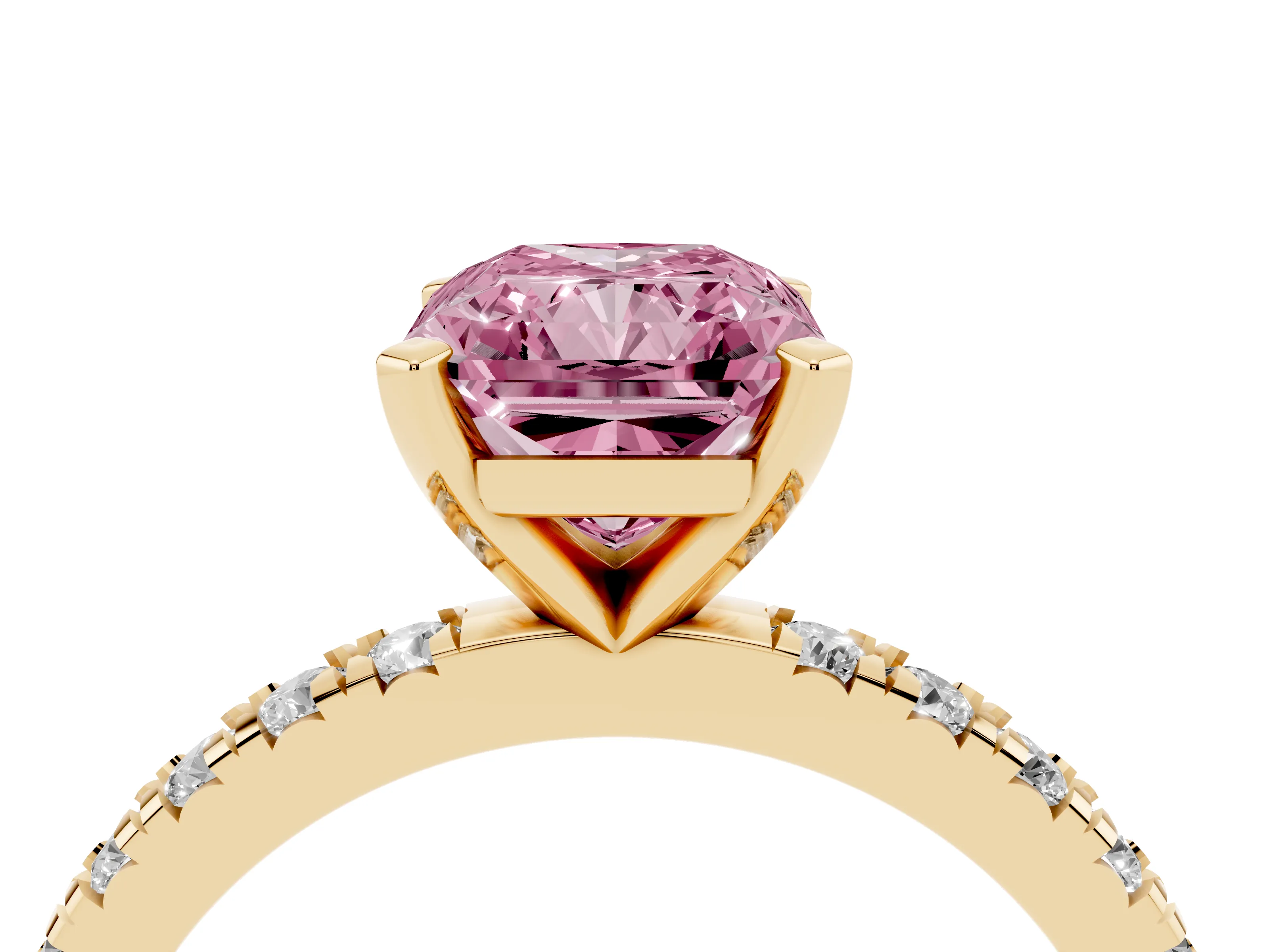 Fancy Pink Radiant Cut Diamond Pavé Band Solitaire Set in Yellow gold with Prong Setting