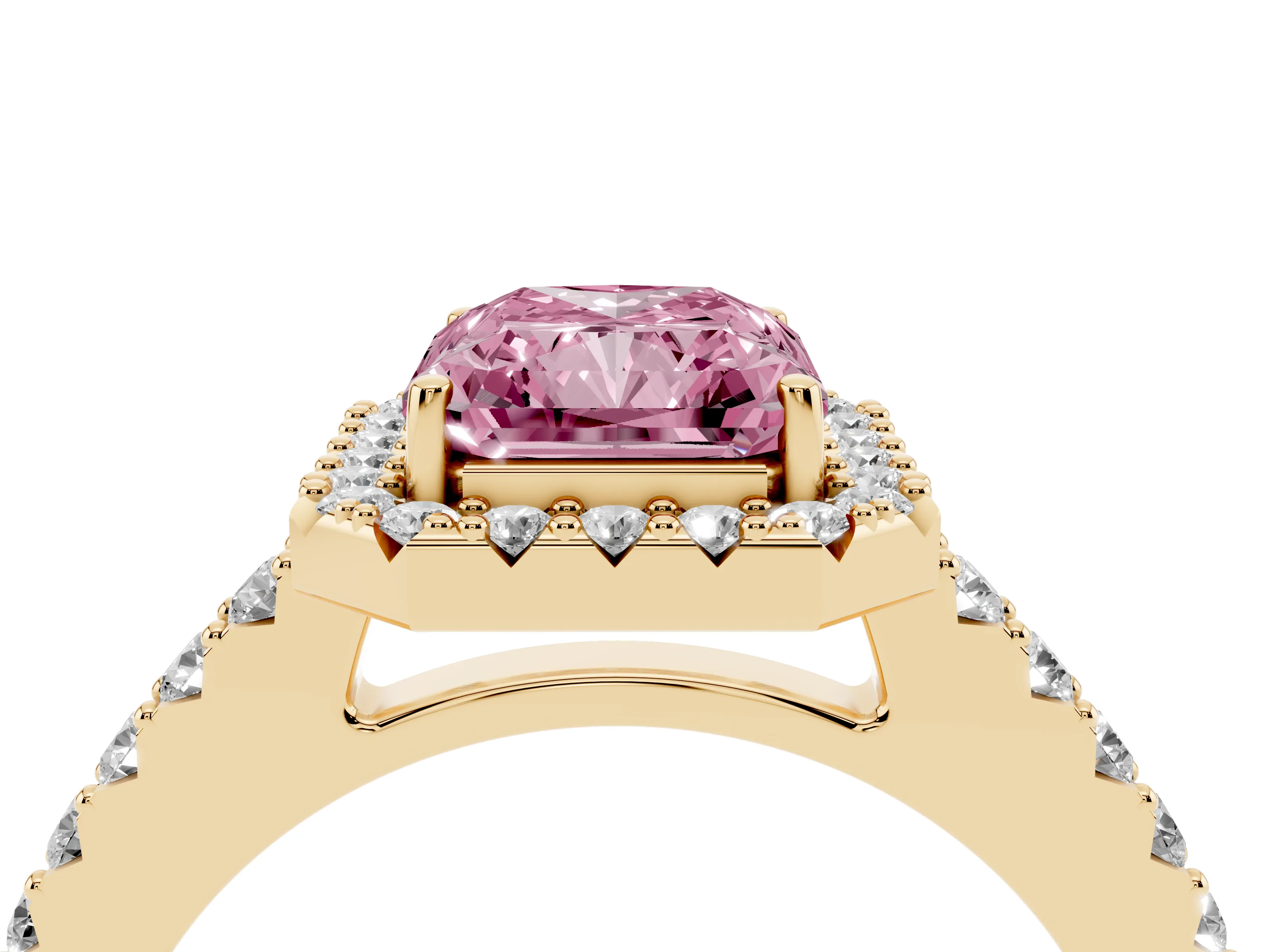 Fancy Pink Radiant Cut Diamond Halo Pavé Solitaire Ring Set in Yellow gold with Prong-Set Center Stone