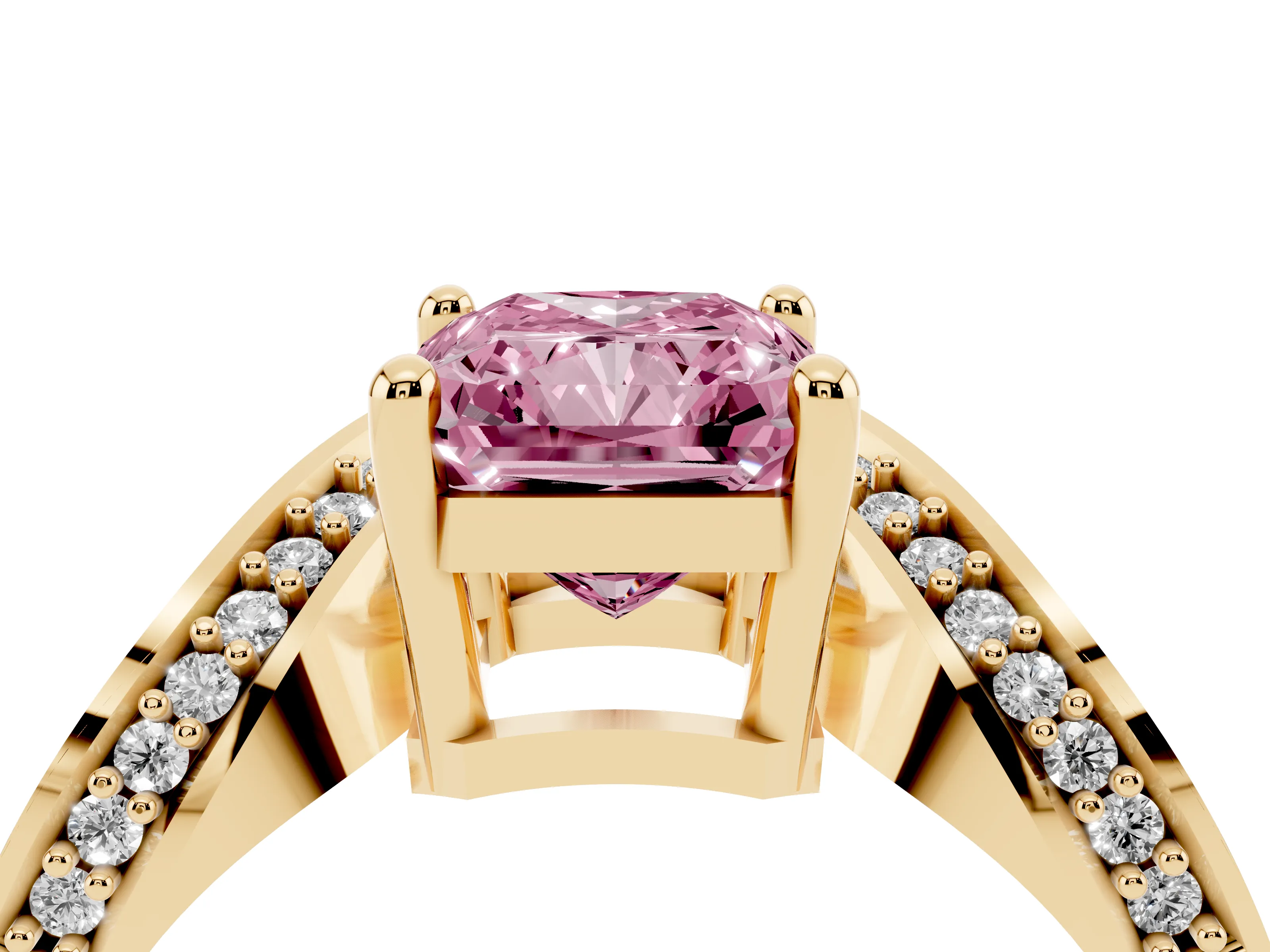 Fancy Pink Radiant Cut Diamond Solitaire Engagement Ring Set in Yellow gold with Pavé Shoulders