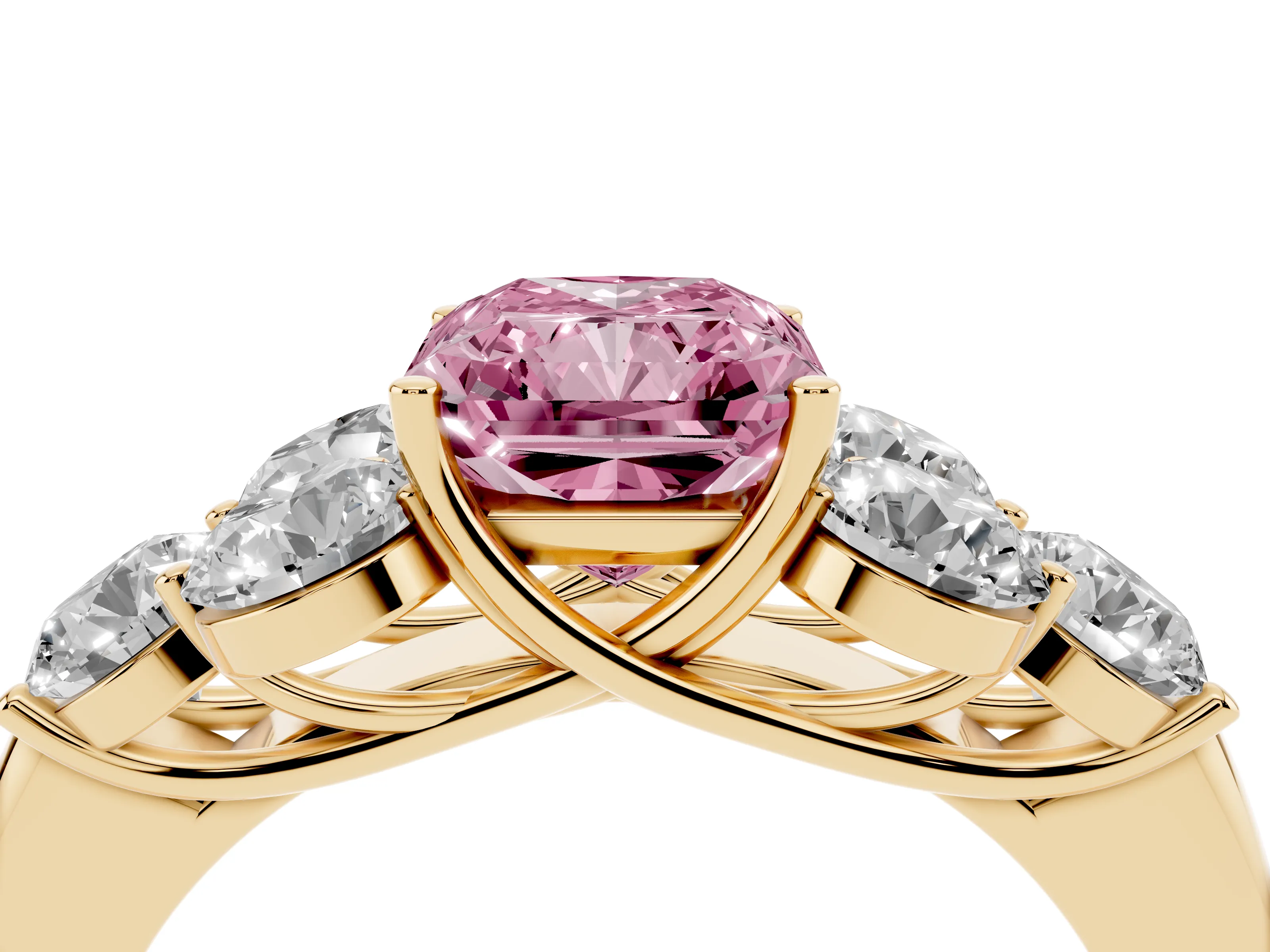 Fancy Pink Radiant Cut Diamond Cluster Ring Set in Yellow gold with Round Accent Stones and Prong Setting on a Plain Band