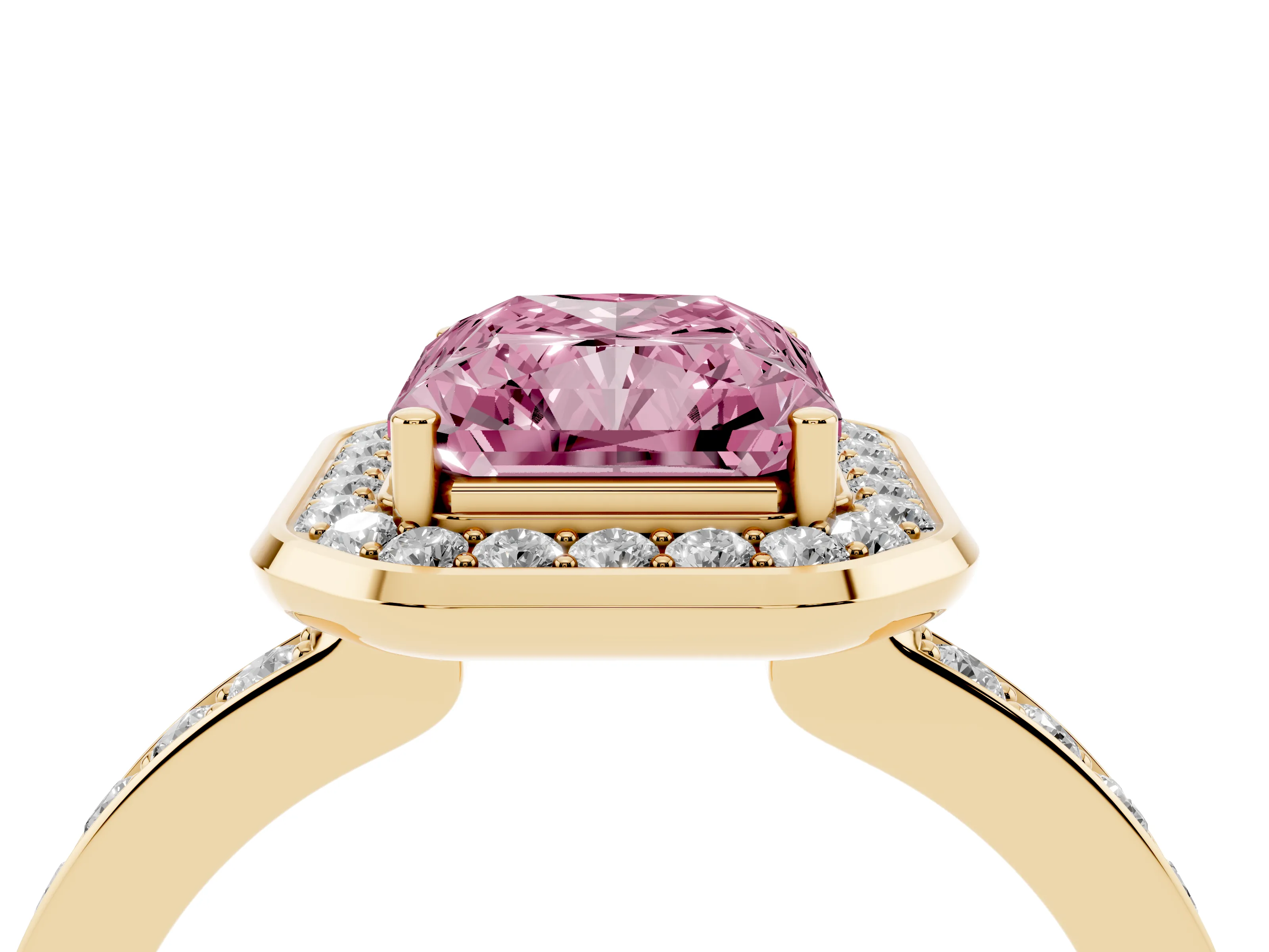 Fancy Pink Radiant Cut Diamond Halo Ring Set in Yellow gold with Bezel Frame and Pavé Band