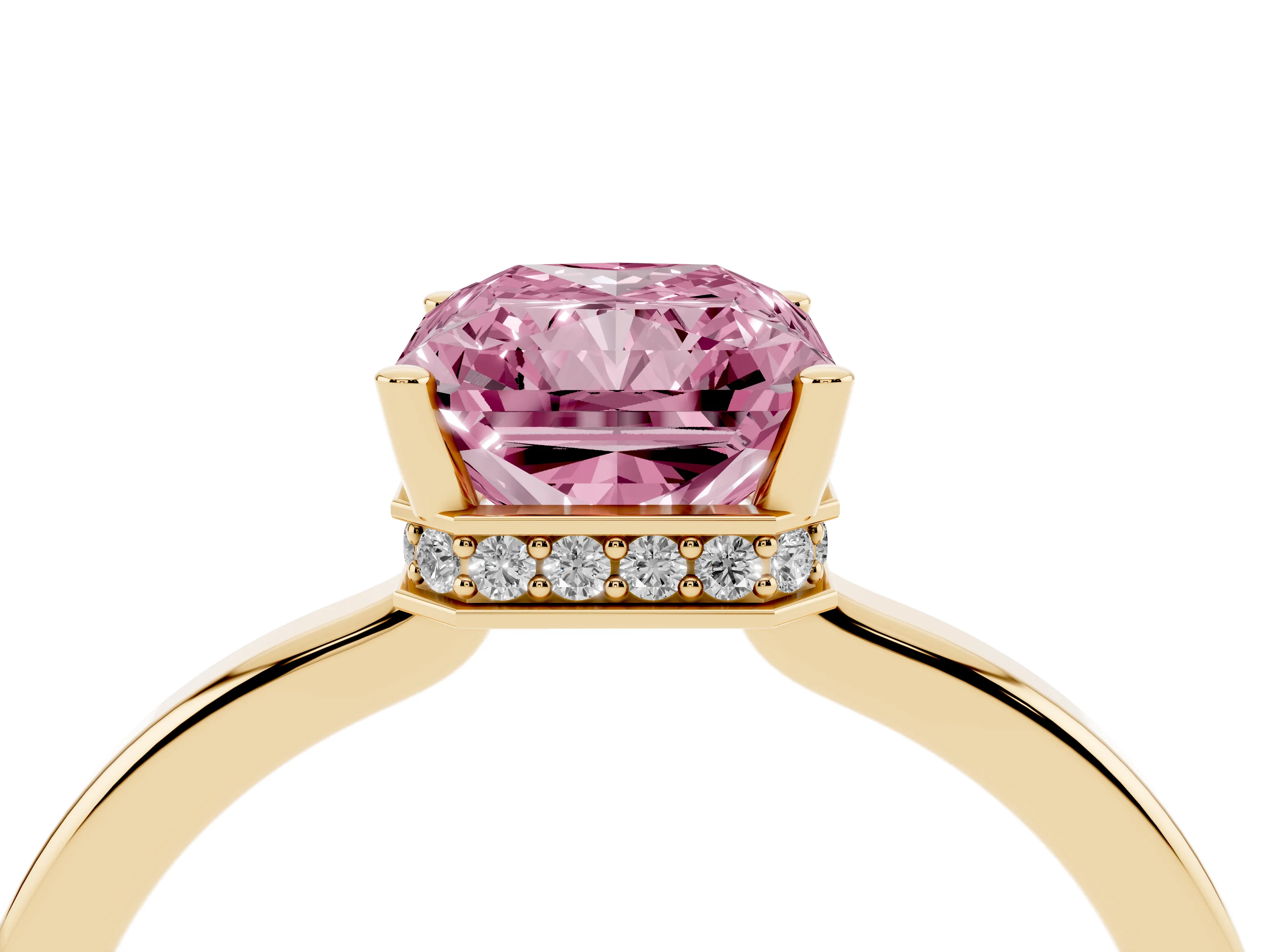 Fancy Pink Radiant Cut Diamond Solitaire Engagement Ring Set in Yellow gold with Prong Setting on a Plain Band