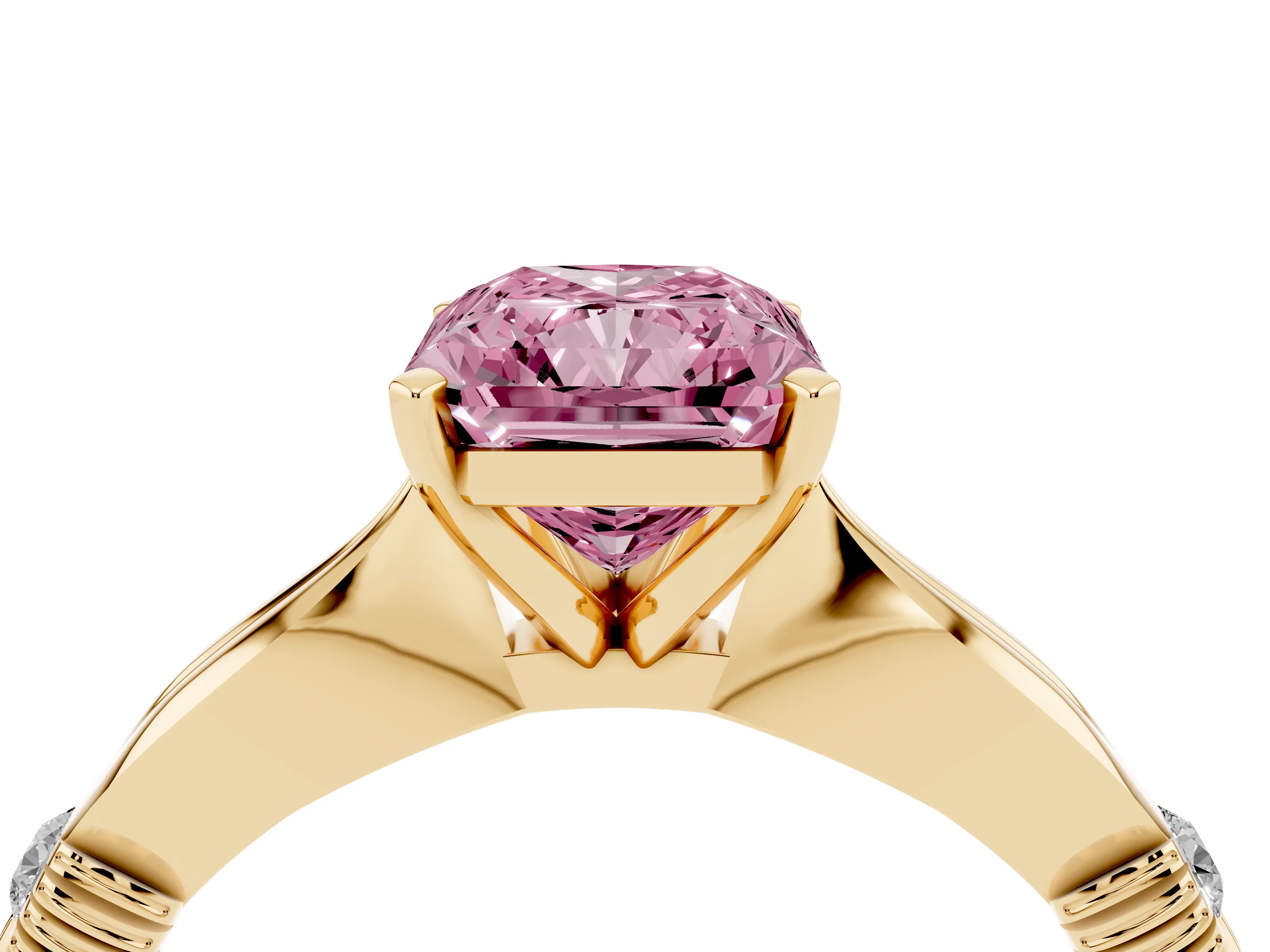 Fancy Pink Radiant Cut Diamond Solitaire Twisted Band Ring Set in Yellow gold with Accent Stones and Prong Setting