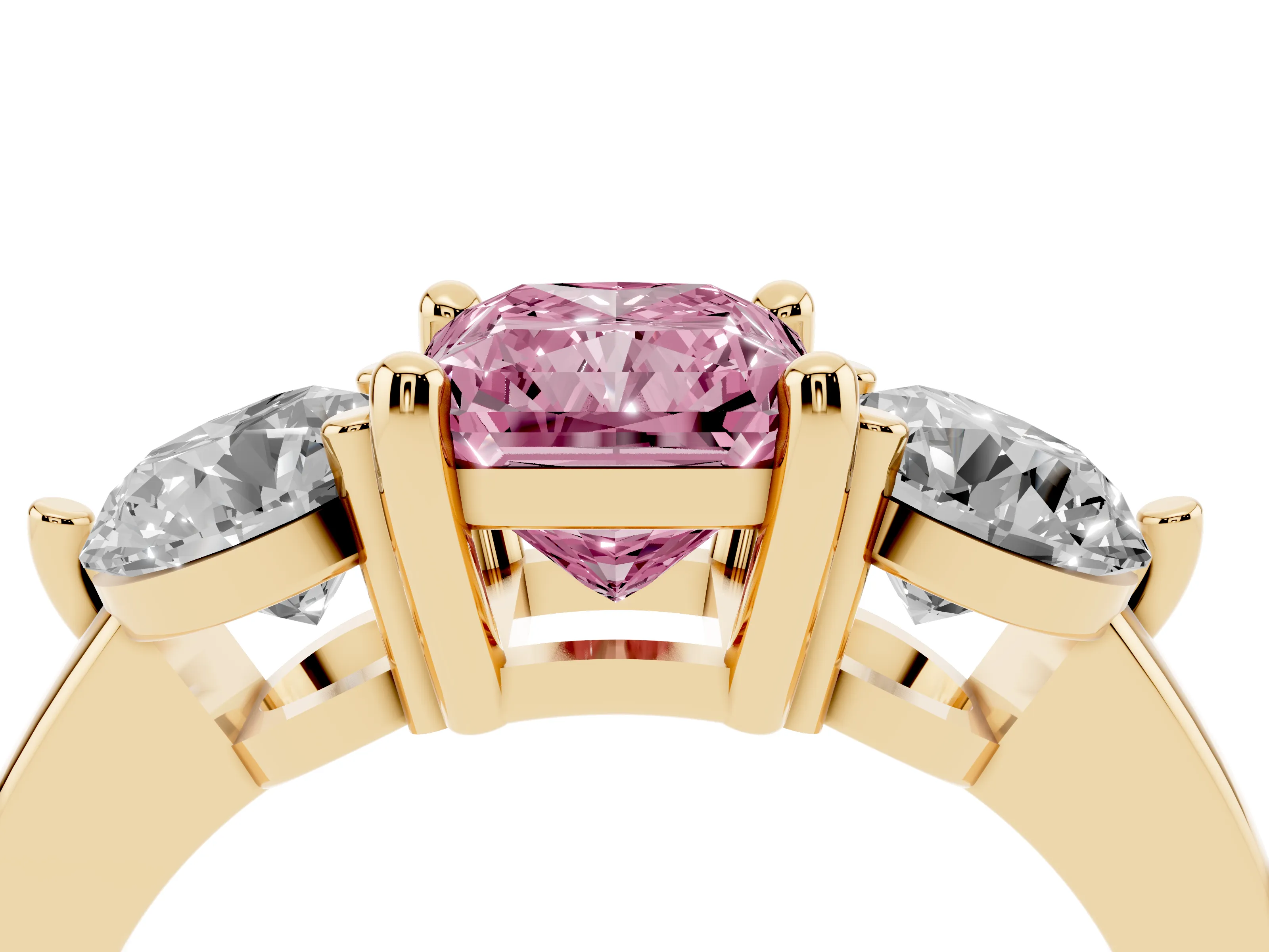 Fancy Pink Radiant Cut Diamond Three-Stone Ring Set in Yellow gold with Prong Setting and Classic Band