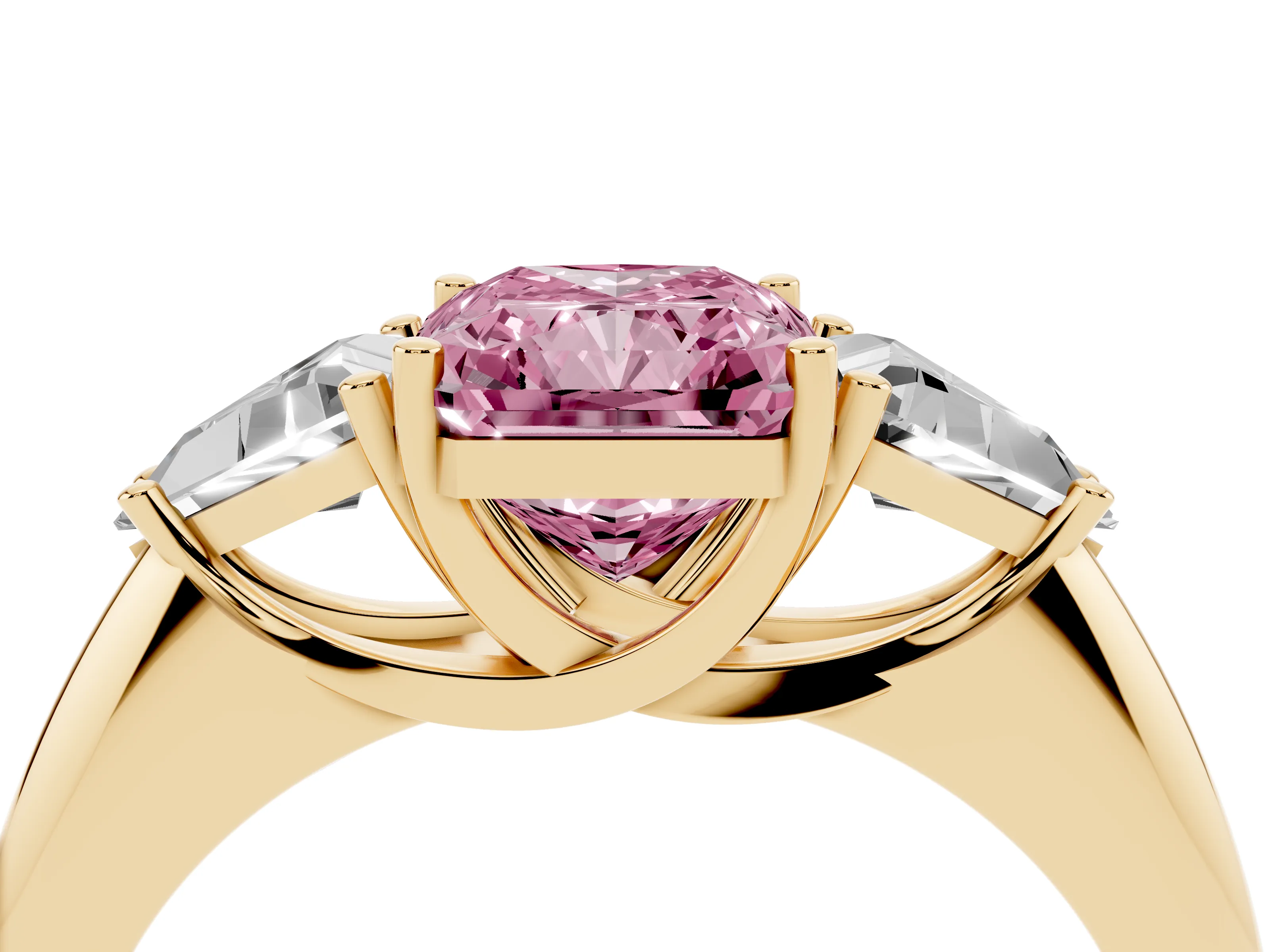 Fancy Pink Radiant Cut Diamond Three-Stone Engagement Ring Set in Yellow gold with Trillion Side Stones