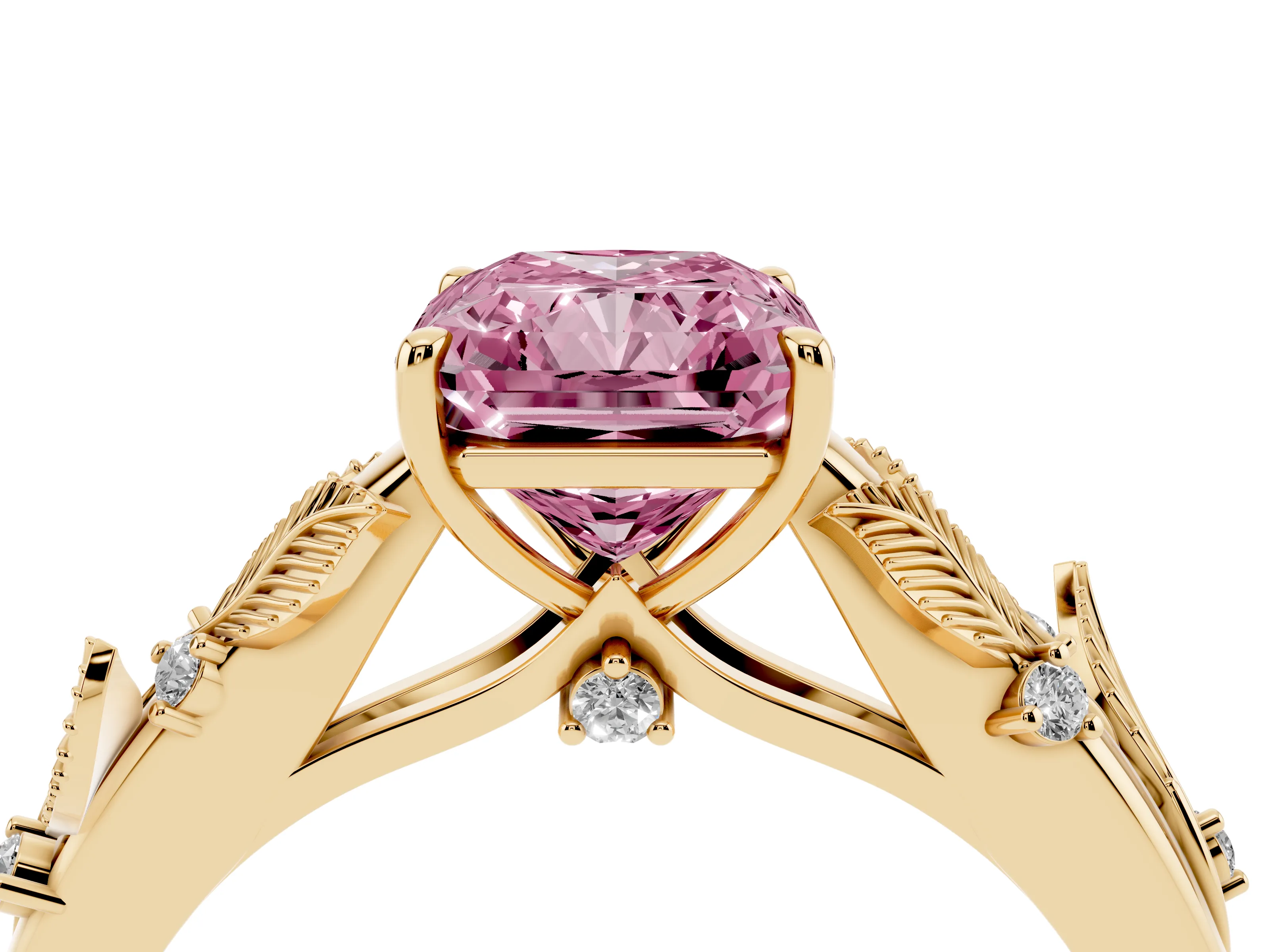 Fancy Pink Radiant Cut Diamond Solitaire Ring Set in Yellow gold with Leaf Motif Band