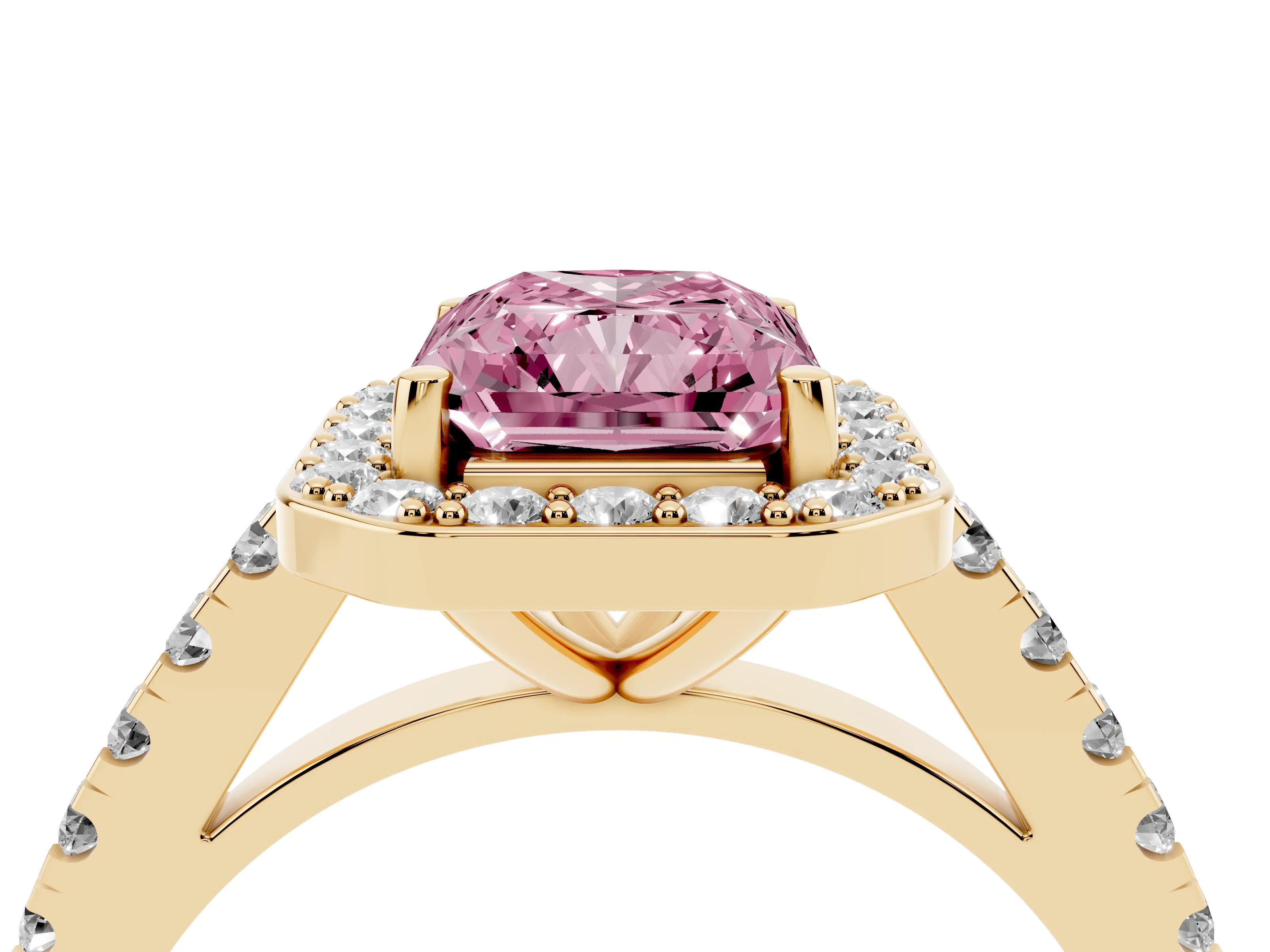 Fancy Pink Radiant Cut Diamond Halo Ring Set in Yellow gold with Round Pavé Split Shank and Prong Setting