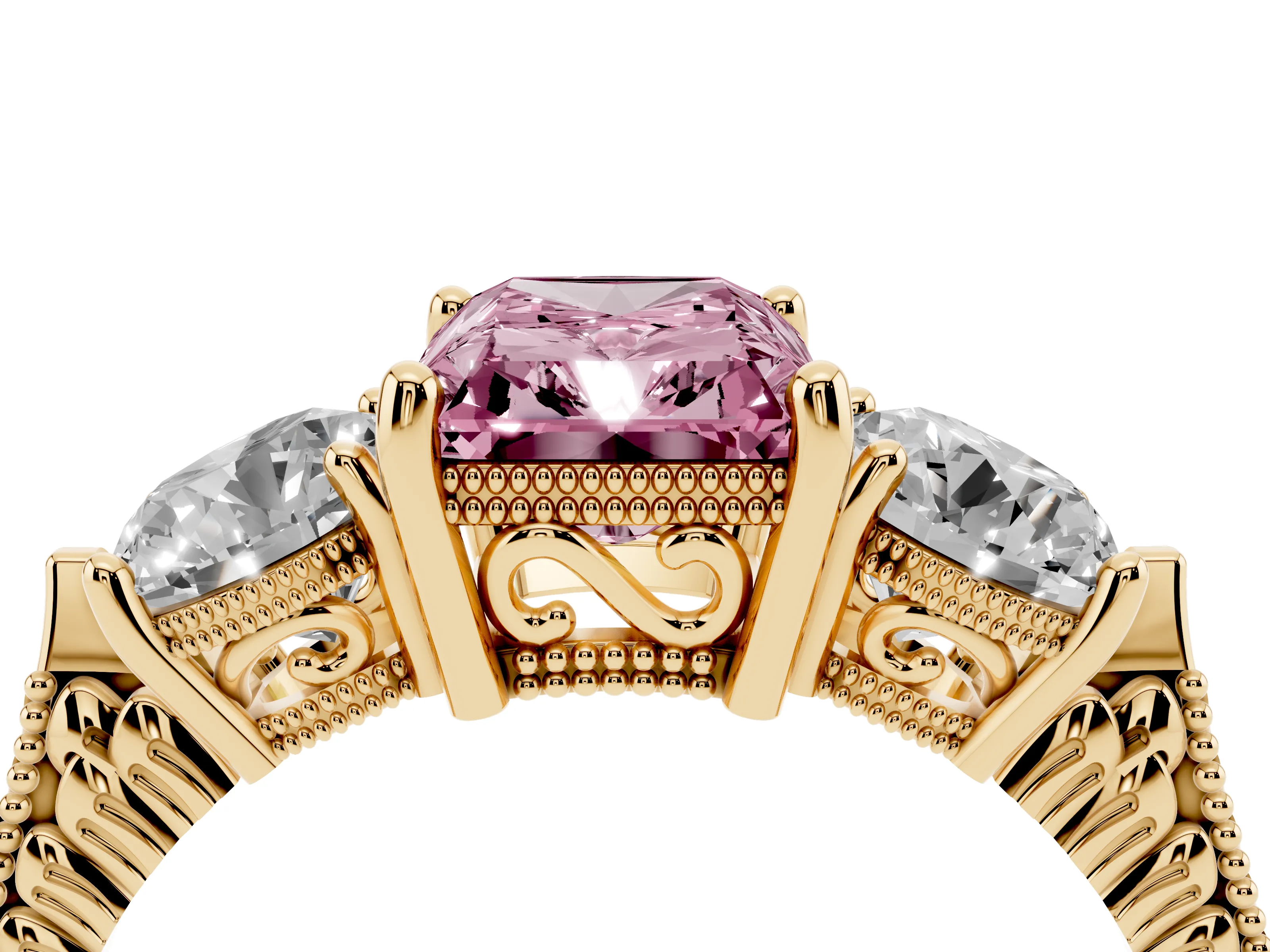 Fancy Pink Radiant Cut Diamond Three-Stone Ring Set in Yellow gold with Milgrain Band