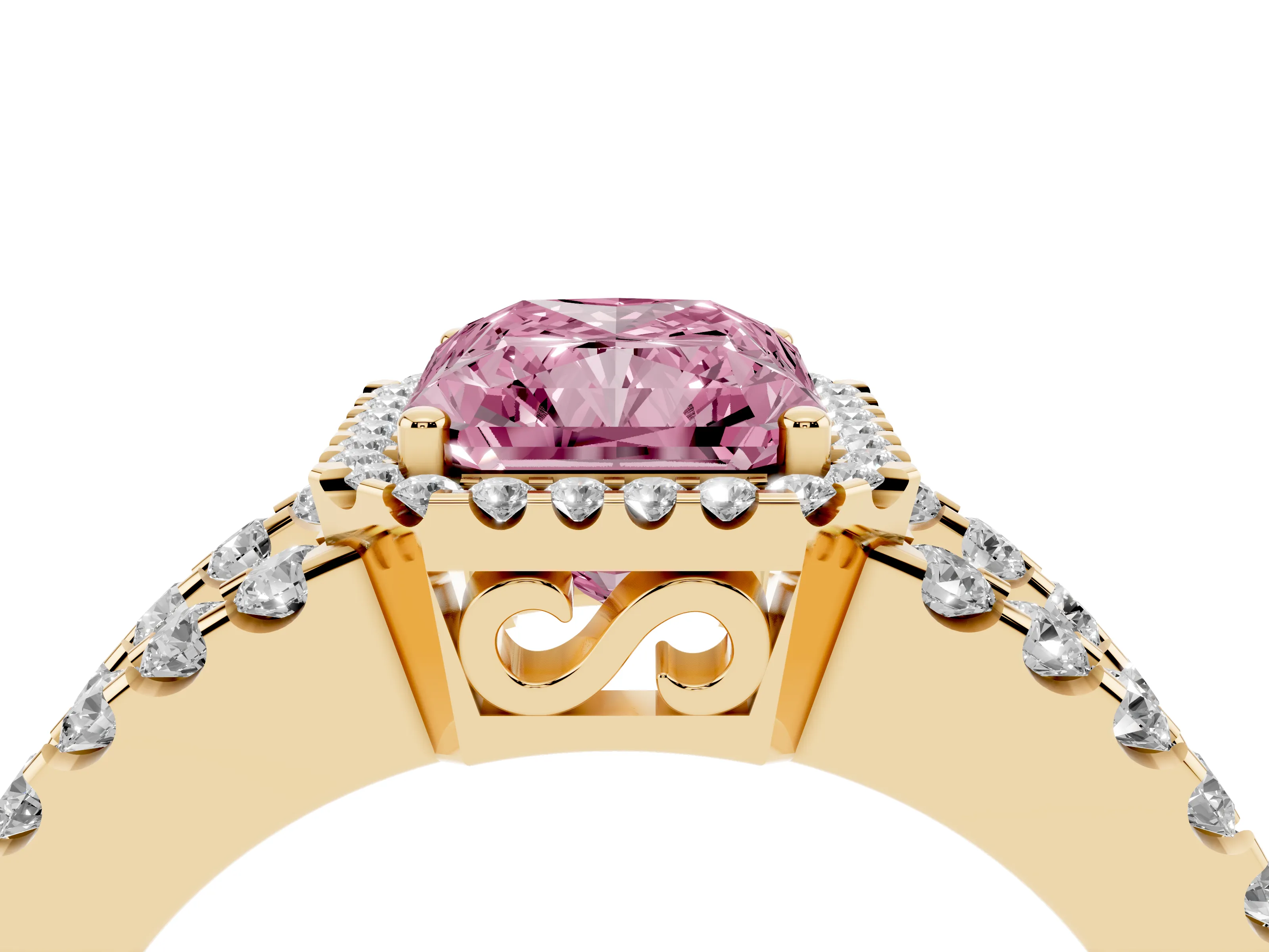 Fancy Pink Radiant Cut Diamond Halo Ring Set in Yellow gold with Pavé Split Shank and Prong Setting