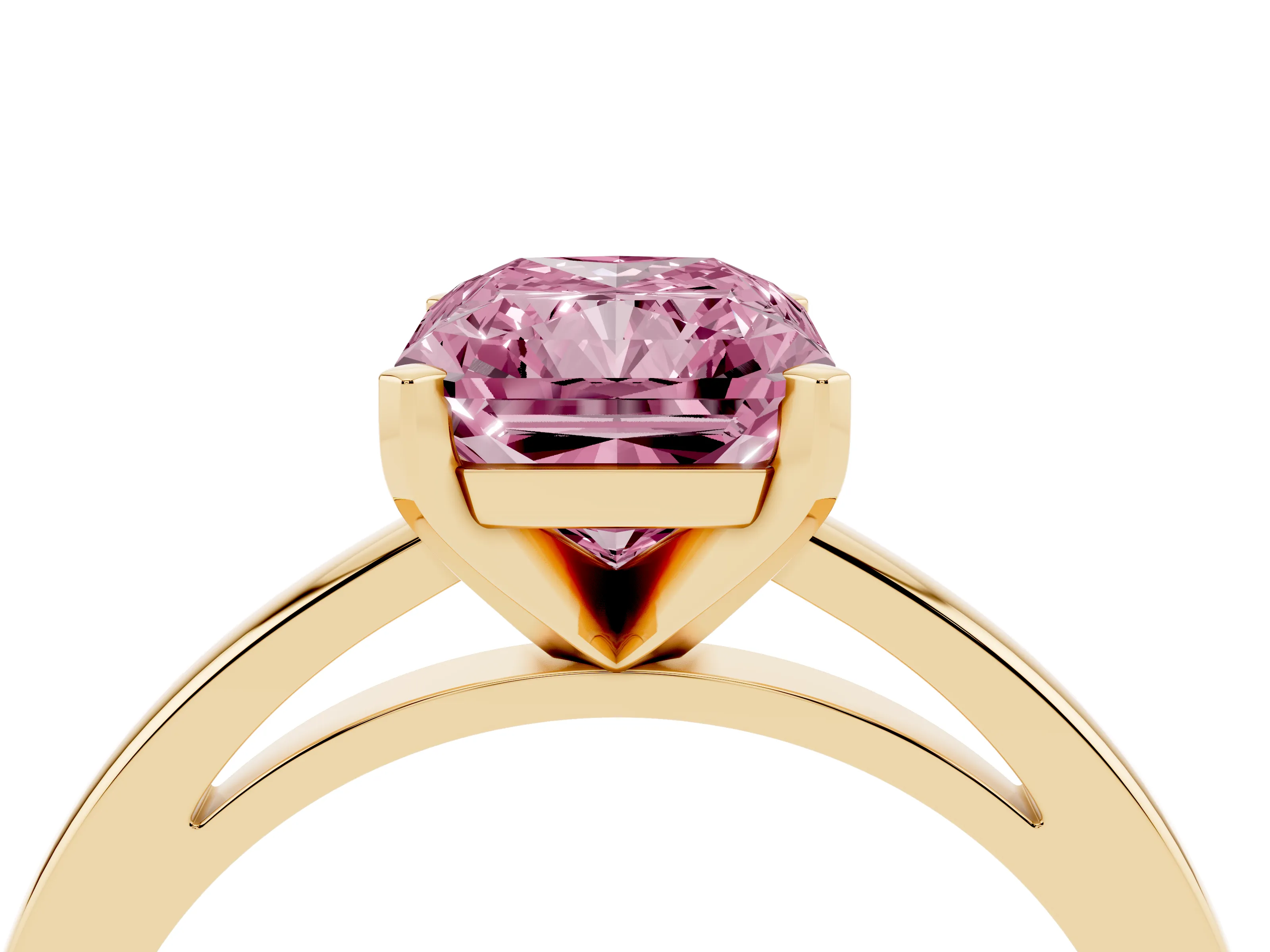 Fancy Pink Radiant Cut Diamond Solitaire Engagement Ring Set in Yellow gold with Prong Setting on a Classic Band