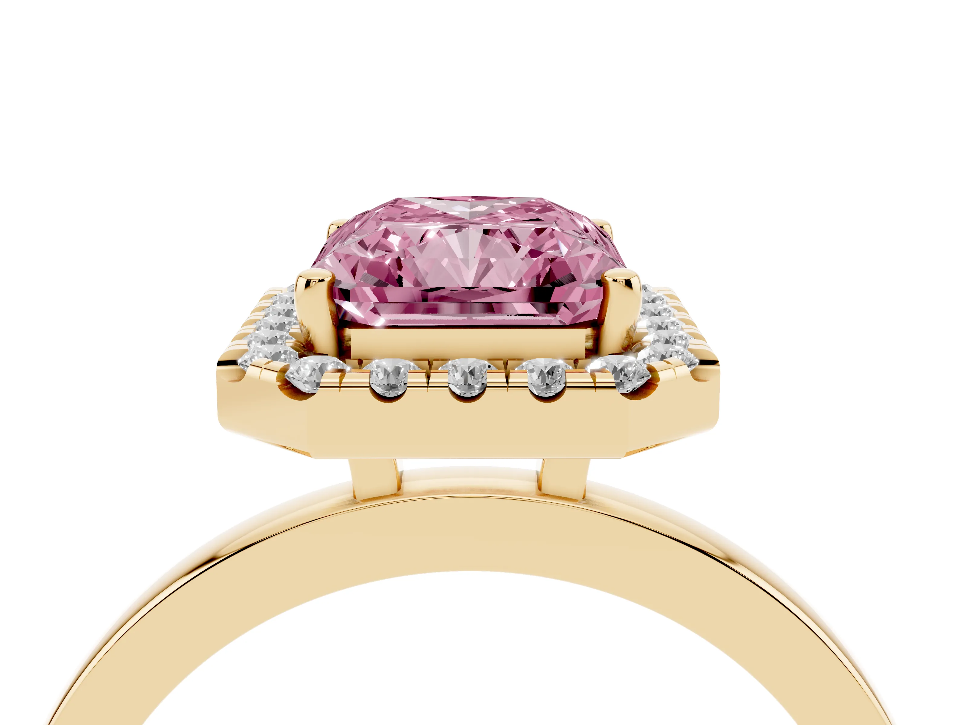 Fancy Pink Radiant Cut Diamond Halo Solitaire Ring Set in Yellow gold with Pavé Band and Prong Setting
