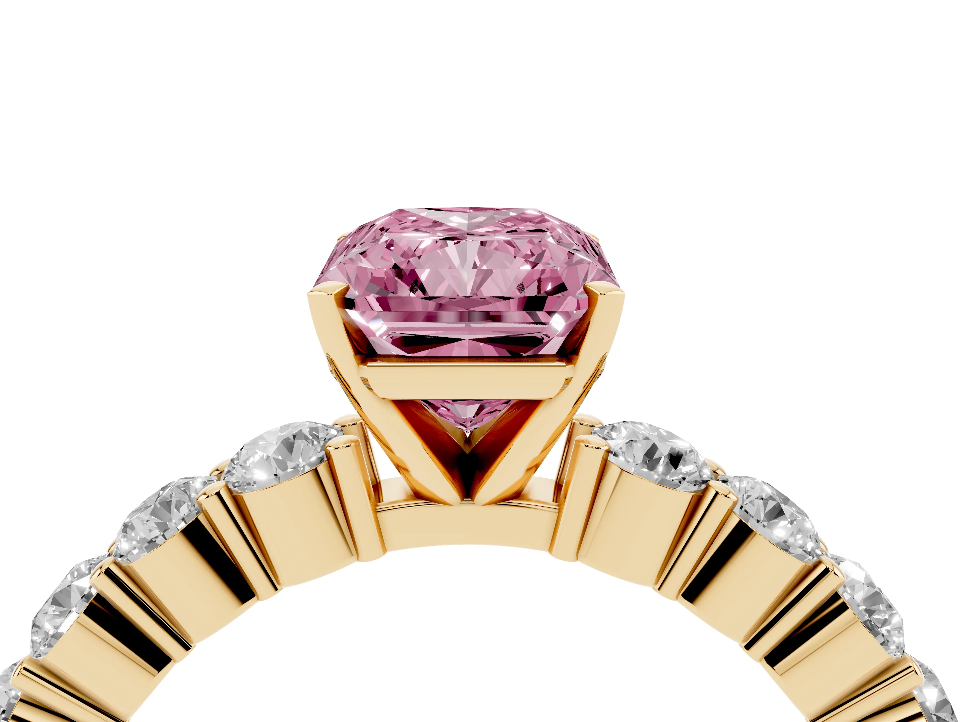Fancy Pink Radiant Cut Diamond Solitaire Ring Set in Yellow gold with Shared Prong Round Side Stones
