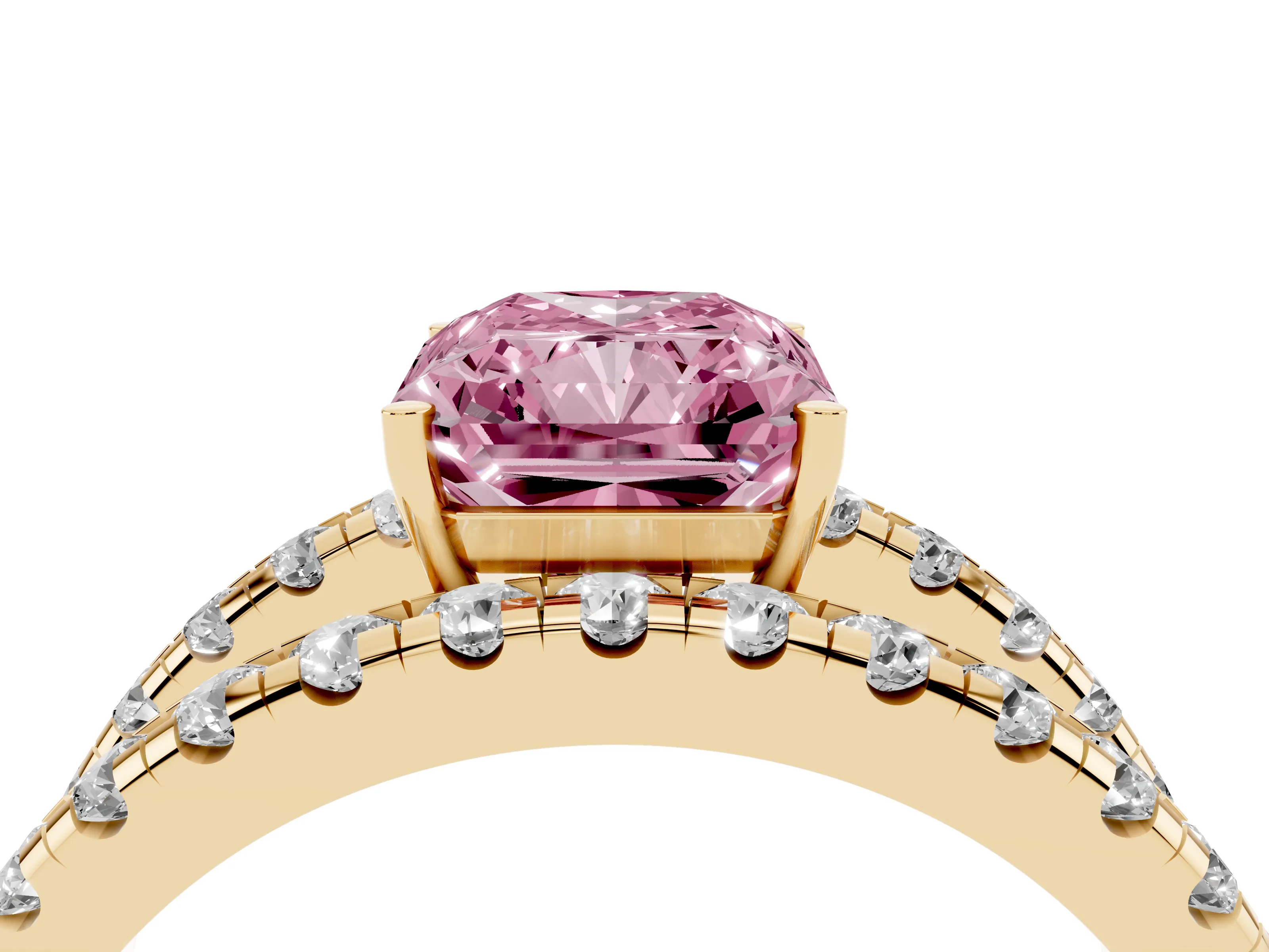 Fancy Pink Radiant Cut Diamond Split Shank Pavé Solitaire Ring Set in Yellow gold with Open Shank Design
